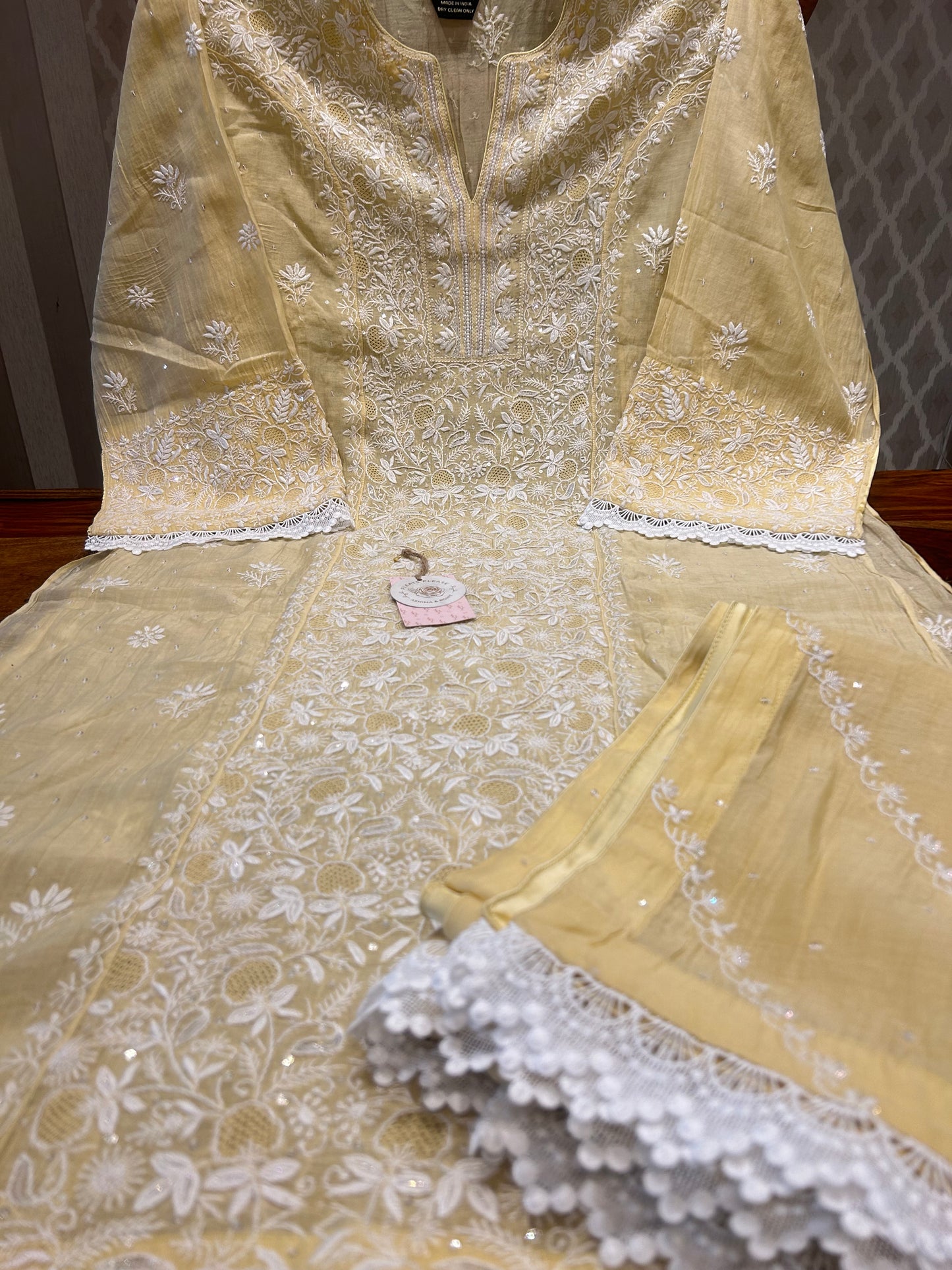 Butter Yellow Chanderi Mul Chikankari Kurta and Dupatta