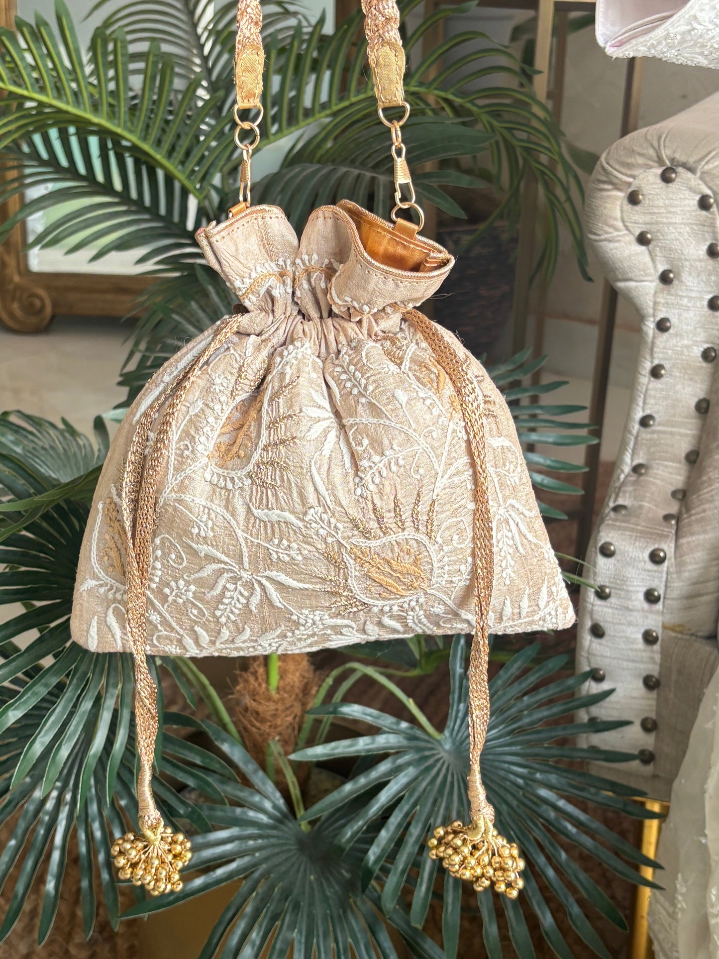 Beige Silk Chikankari Potli