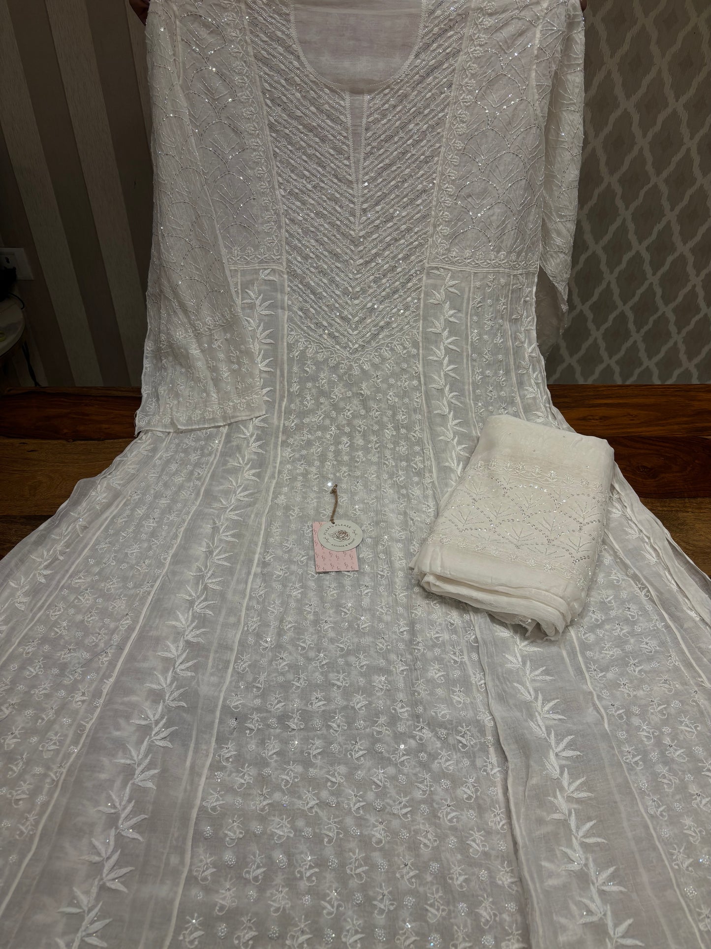 Dyeable Chanderi Mul  Chikankari Anarkali and Dupatta Set