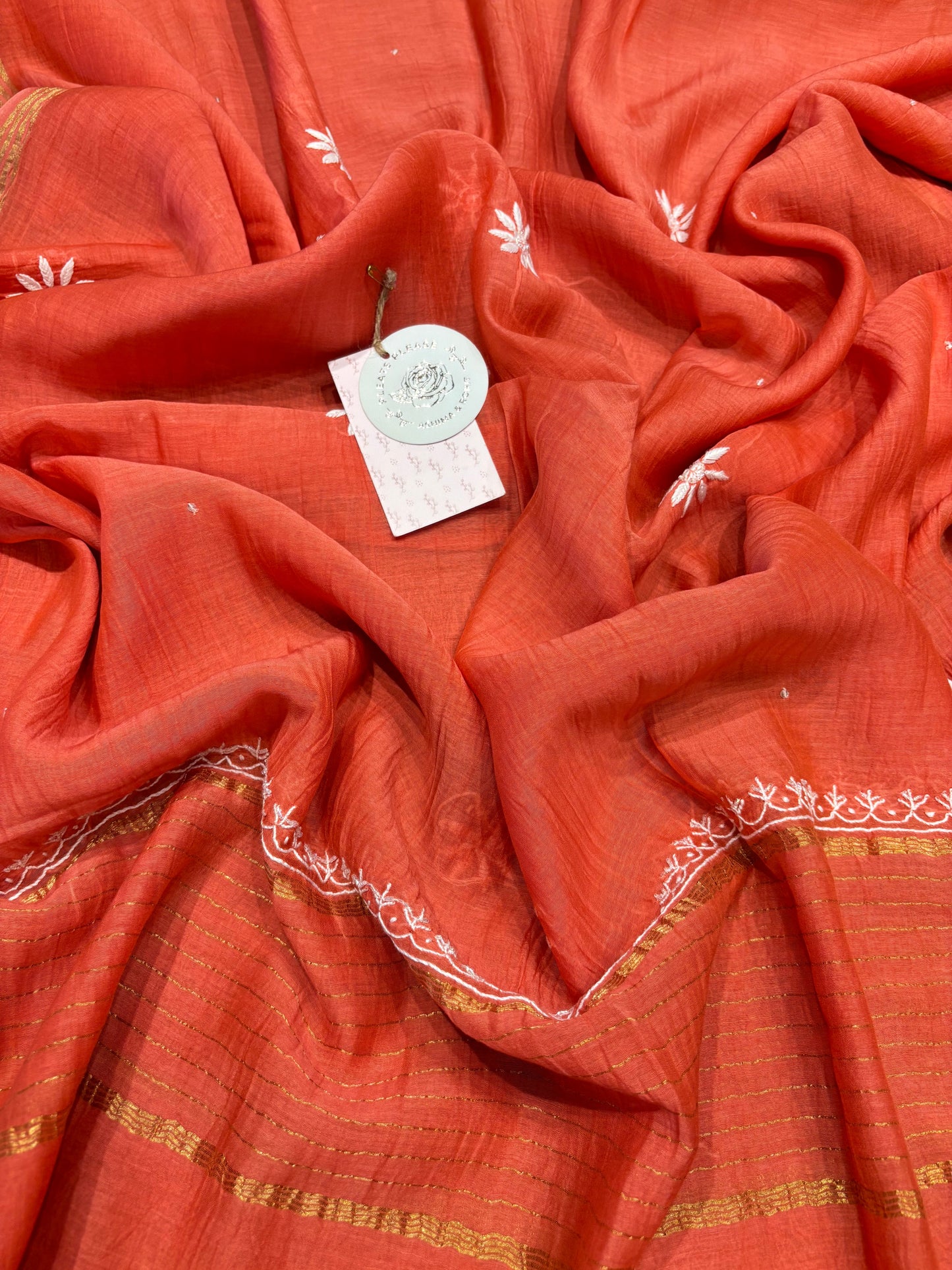 Rust Orange Chanderi Mul Chikankari Kurta And Dupatta Set