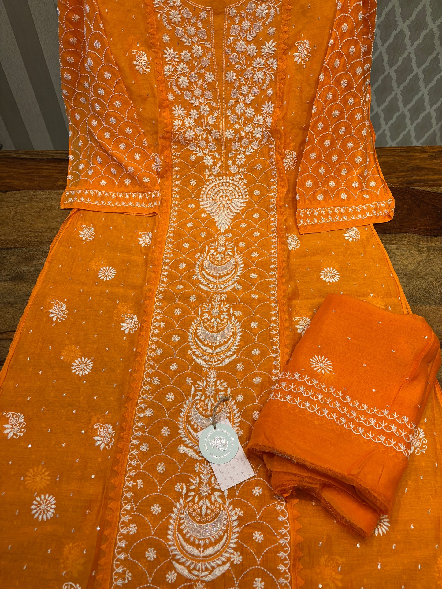 Orange Chanderi Mul Chikankari Kurta and Dupatta set