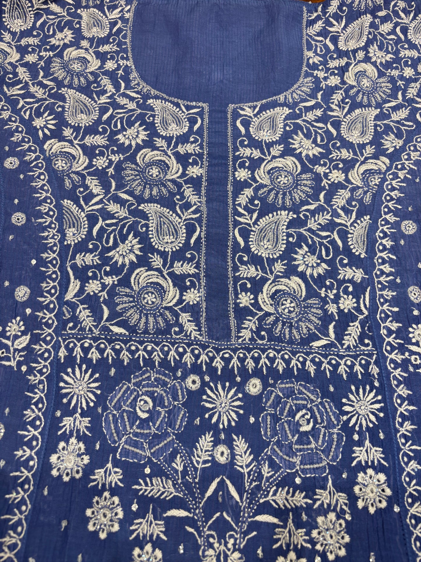 Blue Chanderi Mul Chikankari Anarkali and Dupatta