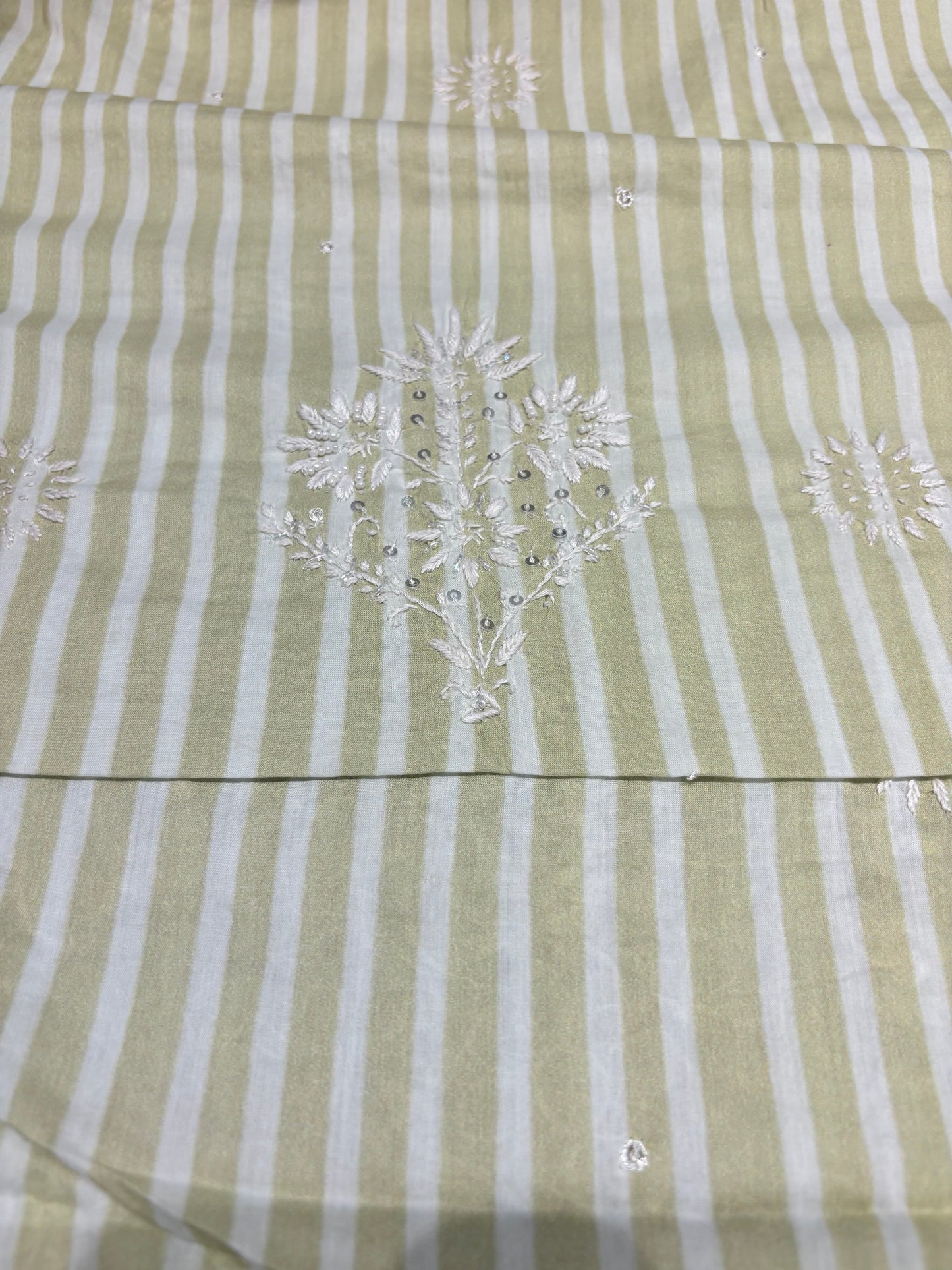 Tea Green Stripe Mul Chikankari Kurta Fabric