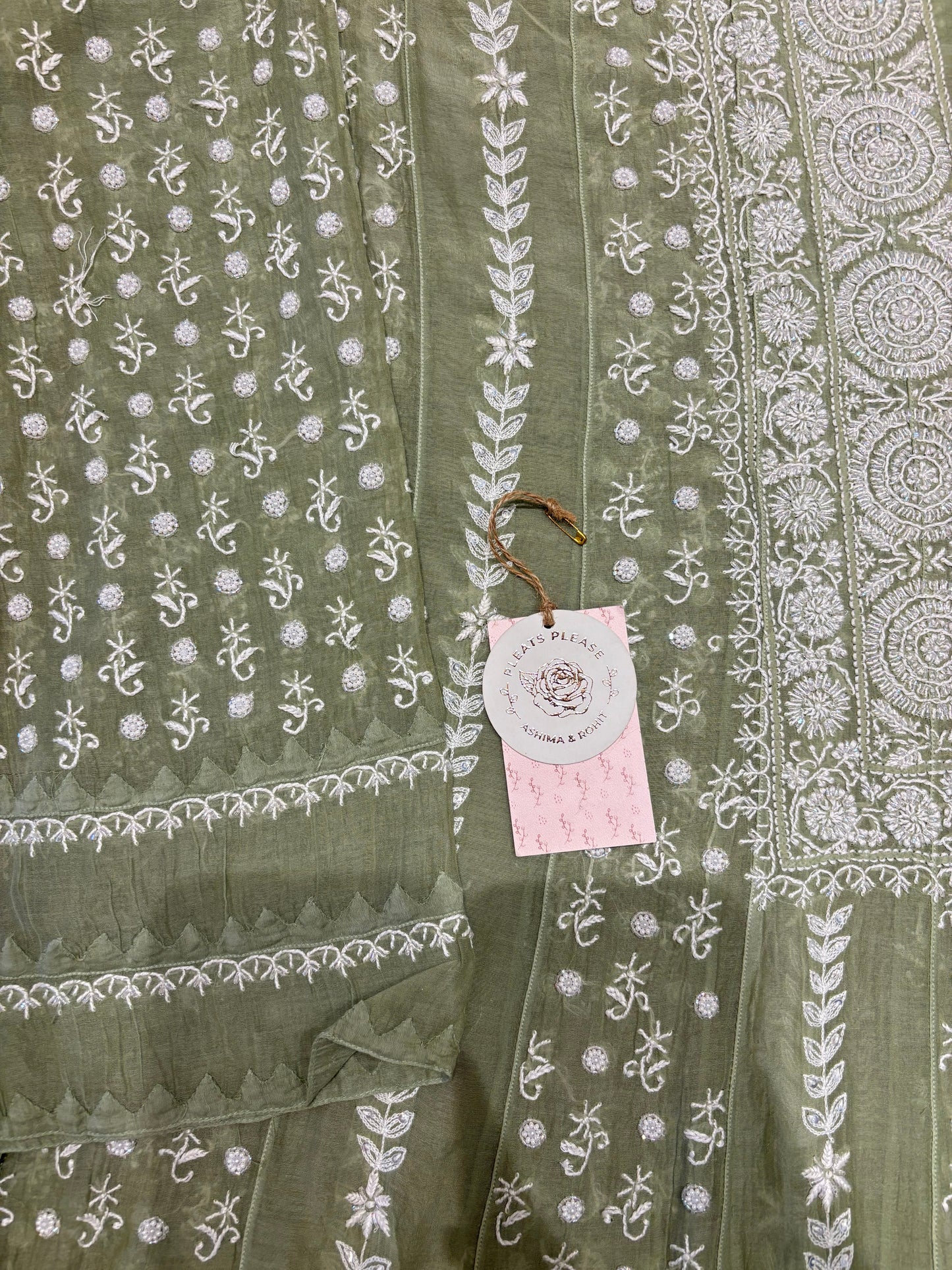 Pastel Olive Chanderi Mul Chikankari Anarkali and Dupatta