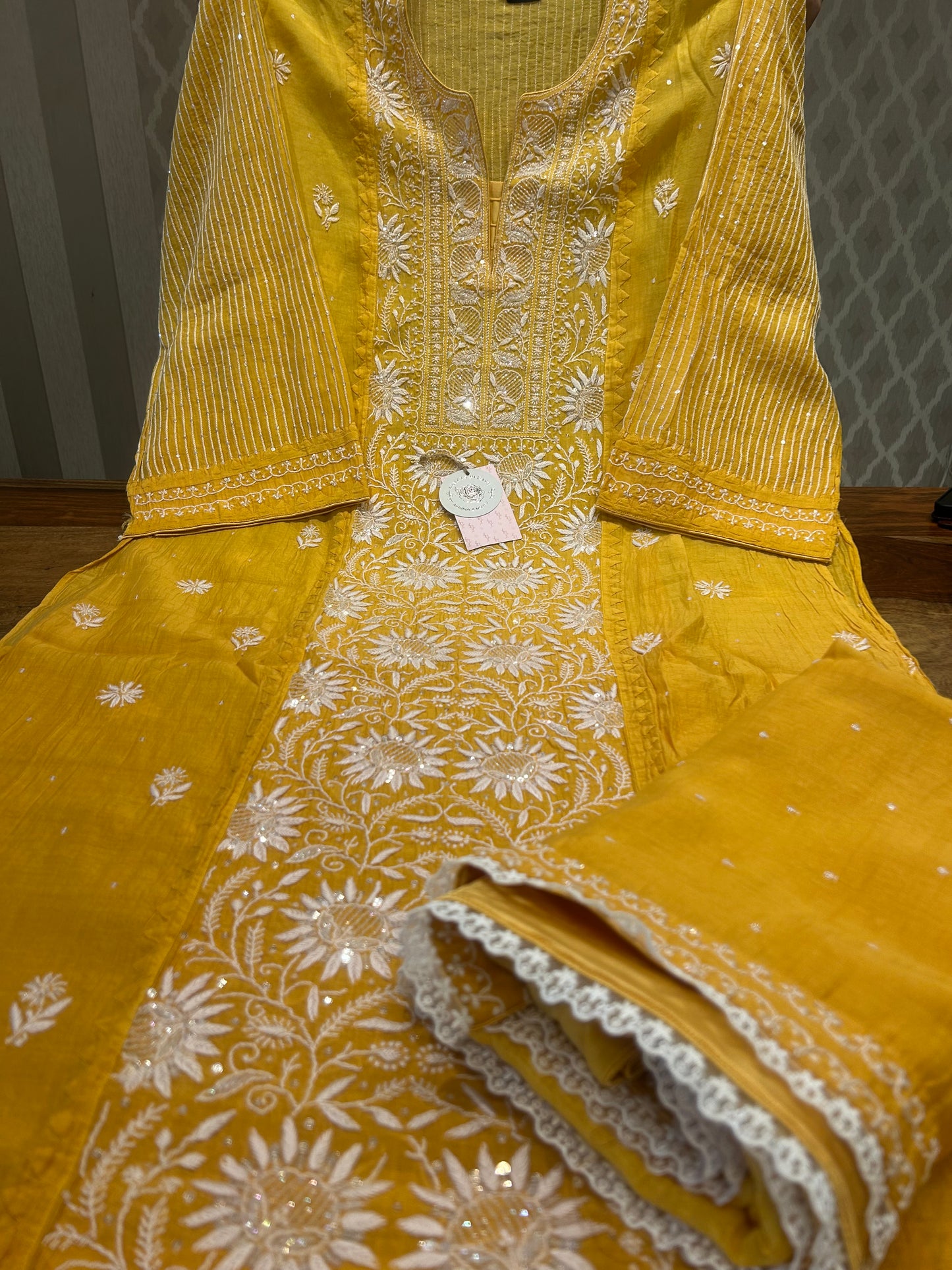 Yellow Ombre Chanderi Mul Chikankari Kurta and Dupatta