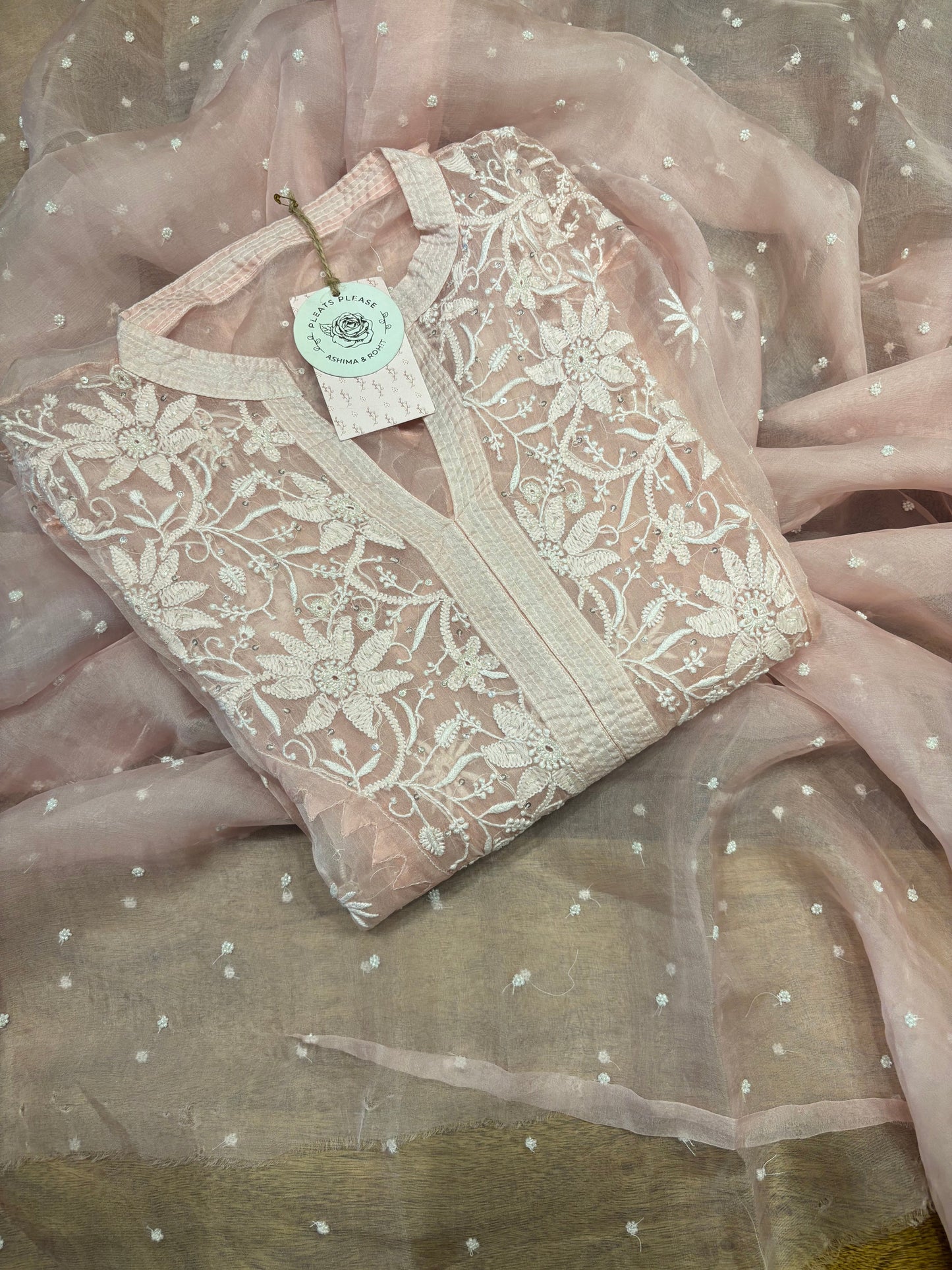 Pink Organza chikankari Kurta and dupatta set