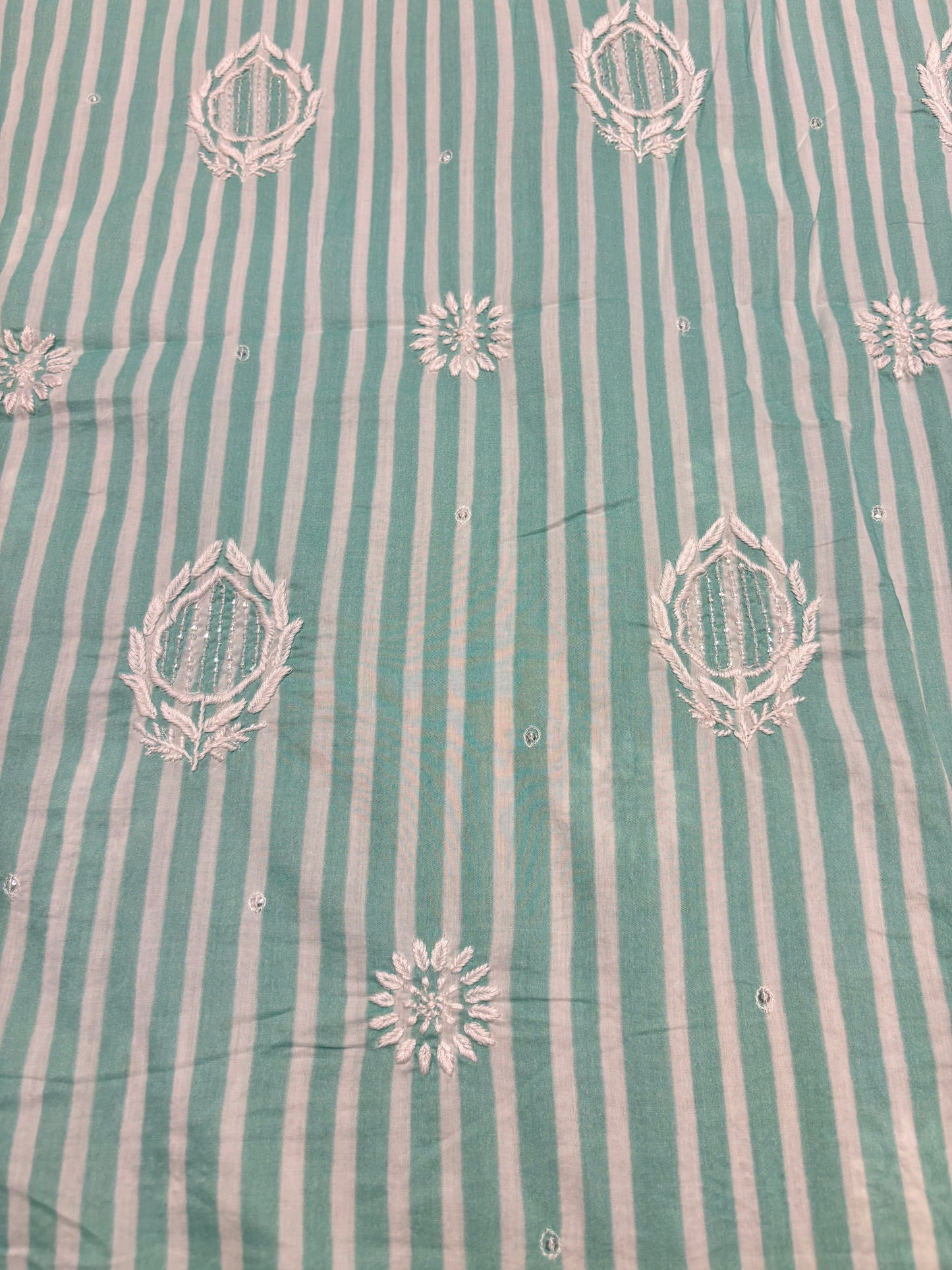 Sea Foam Green Stripe Mul Chikankari Kurta Fabric