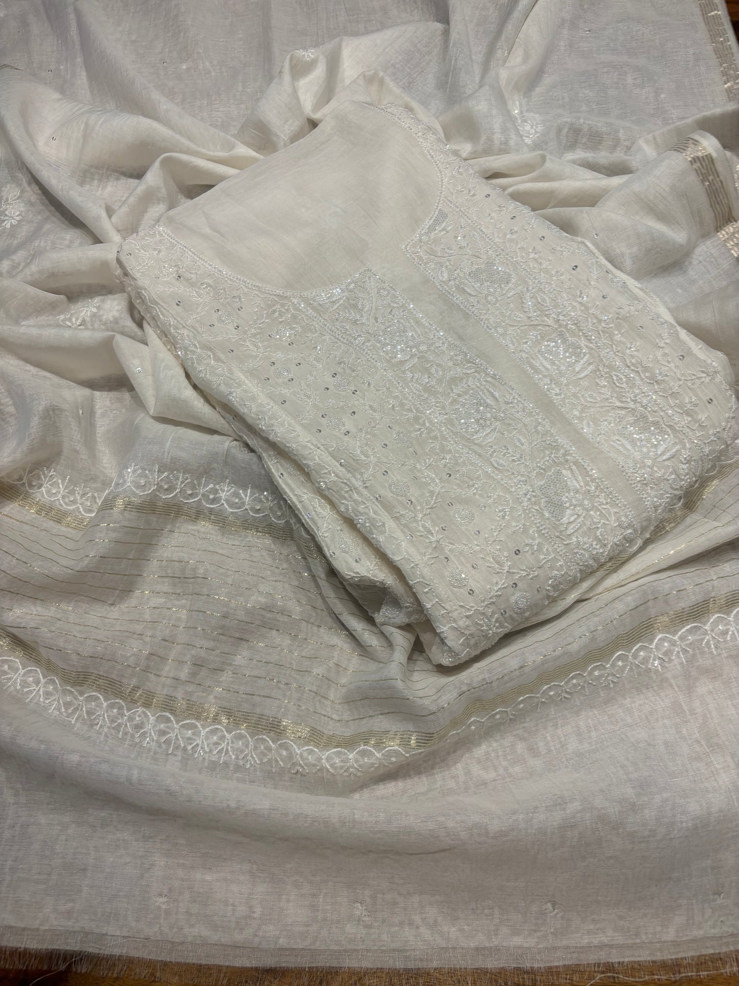 Dyeable Chanderi Mul Chikankari Kurta and Dupatta
