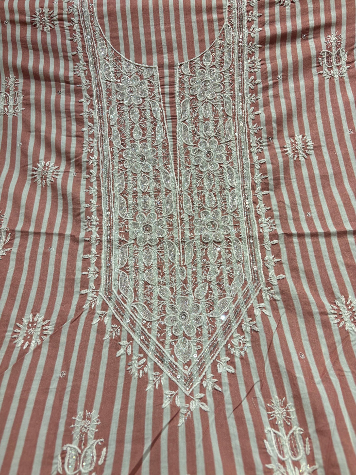 Brick Stripe Mul Chikankari Kurta Fabric