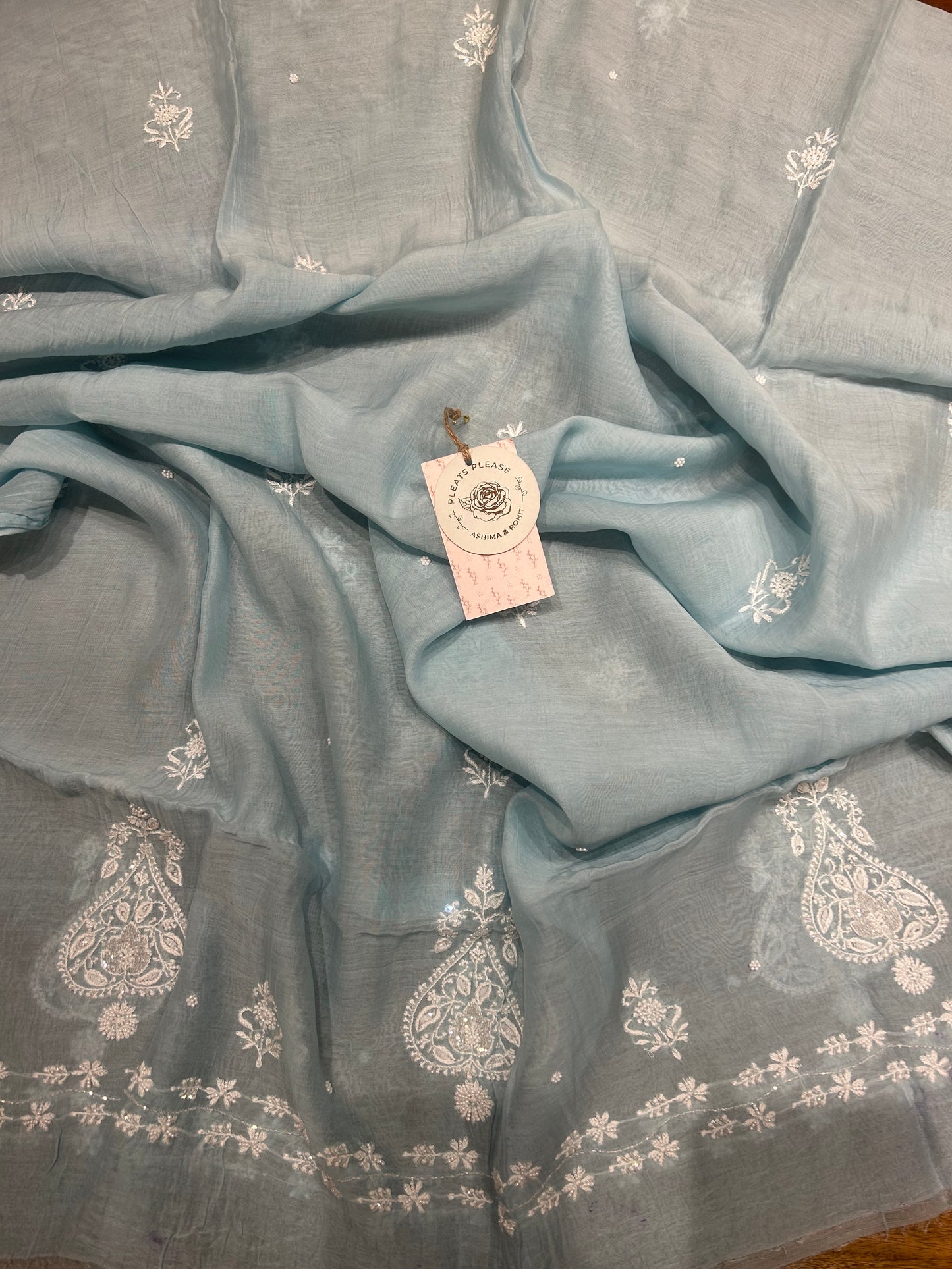 Powder Blue Chanderi Mul Chikankari Kurta & Dupatta Set