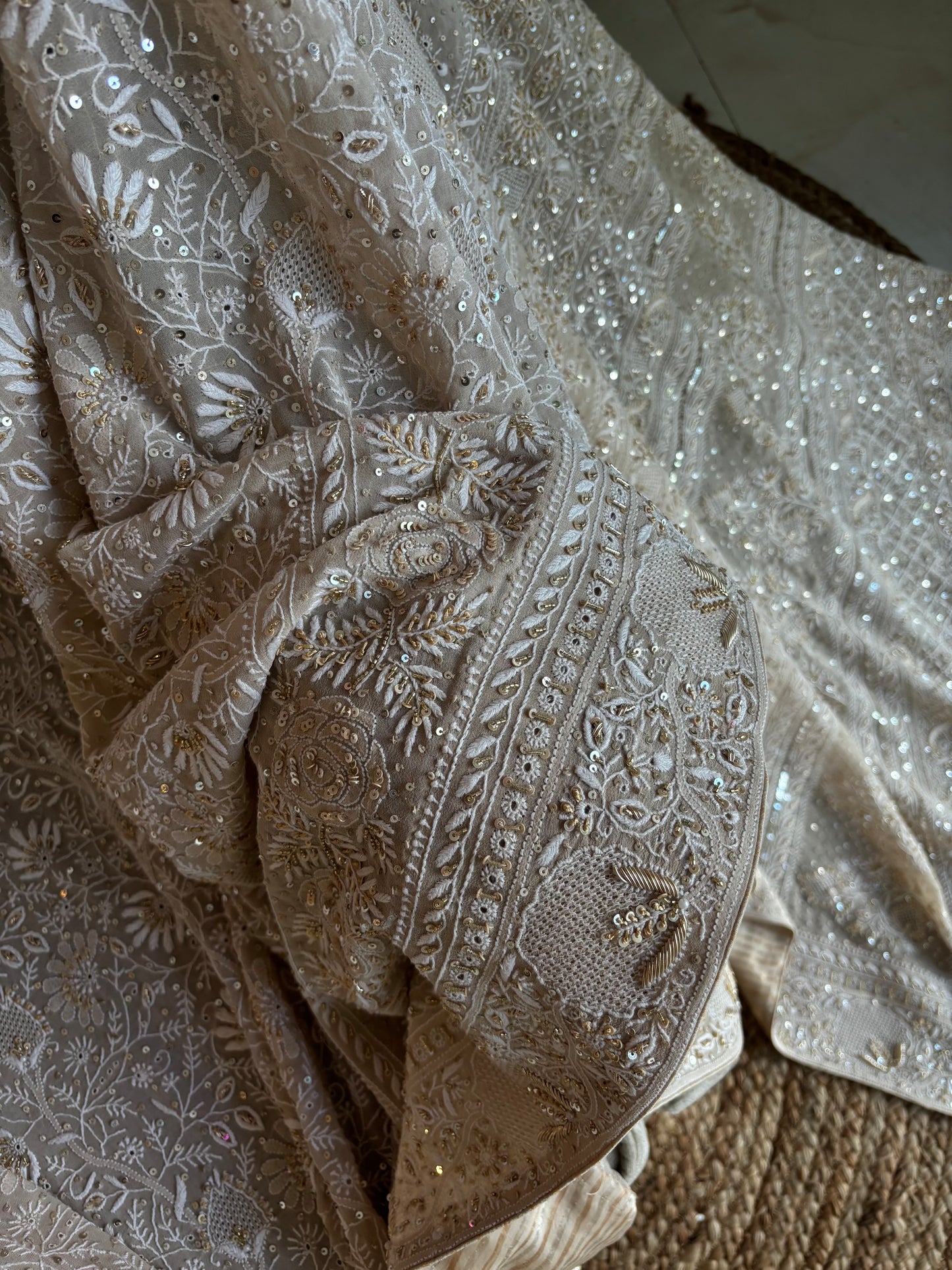 Coffee Cream Pure Georgette Chikankari Saree and Blouse