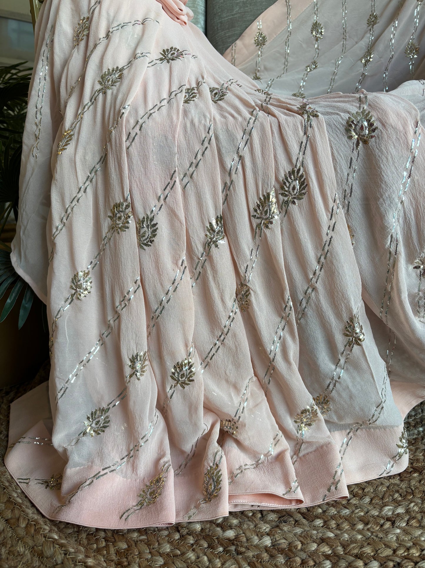 Nude Peach  Pure Georgette Badla Saree and Blouse