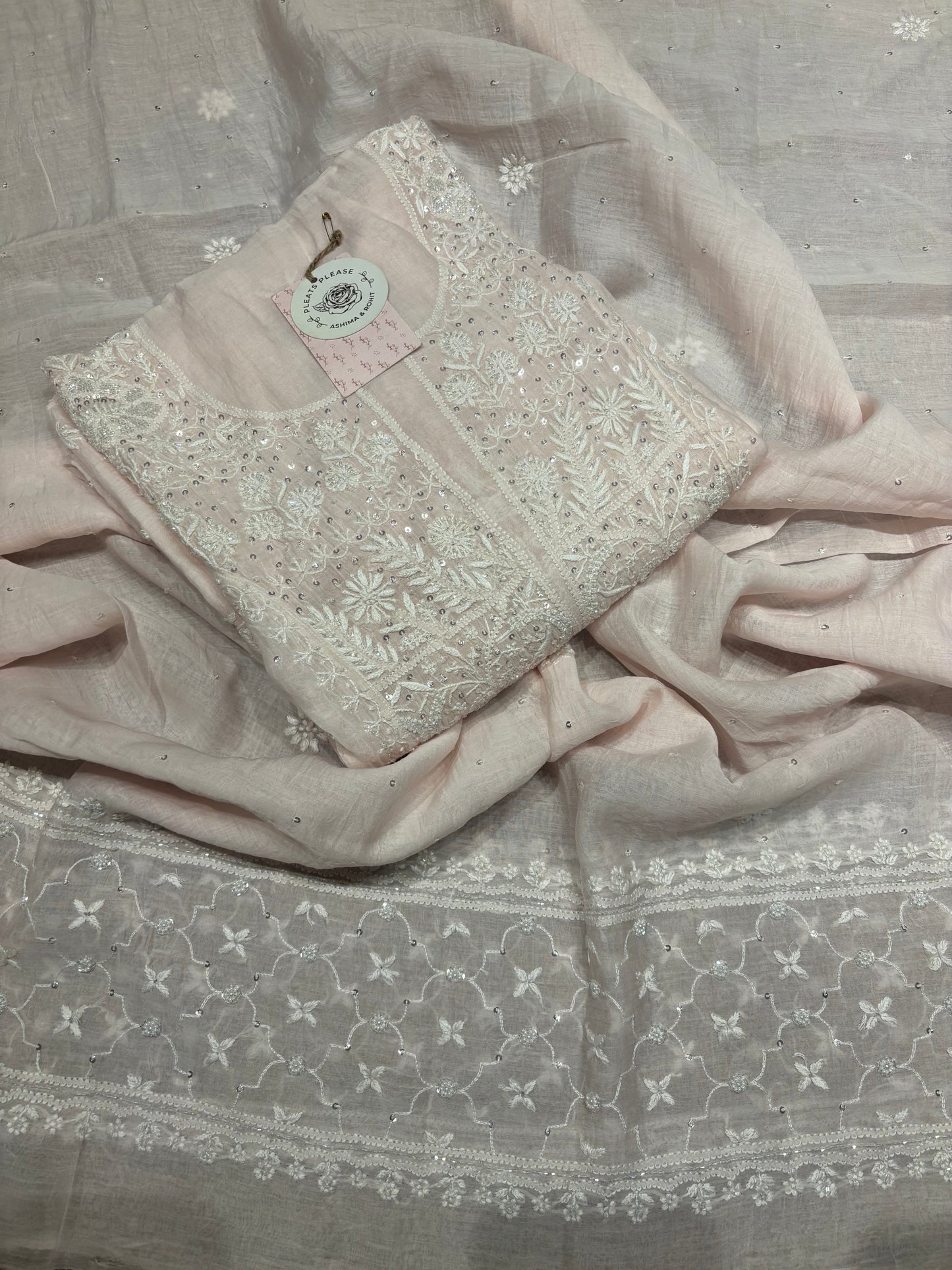 Rosé Cloud Chanderi Mul Chikankari Straight Kurta And Dupatta Set