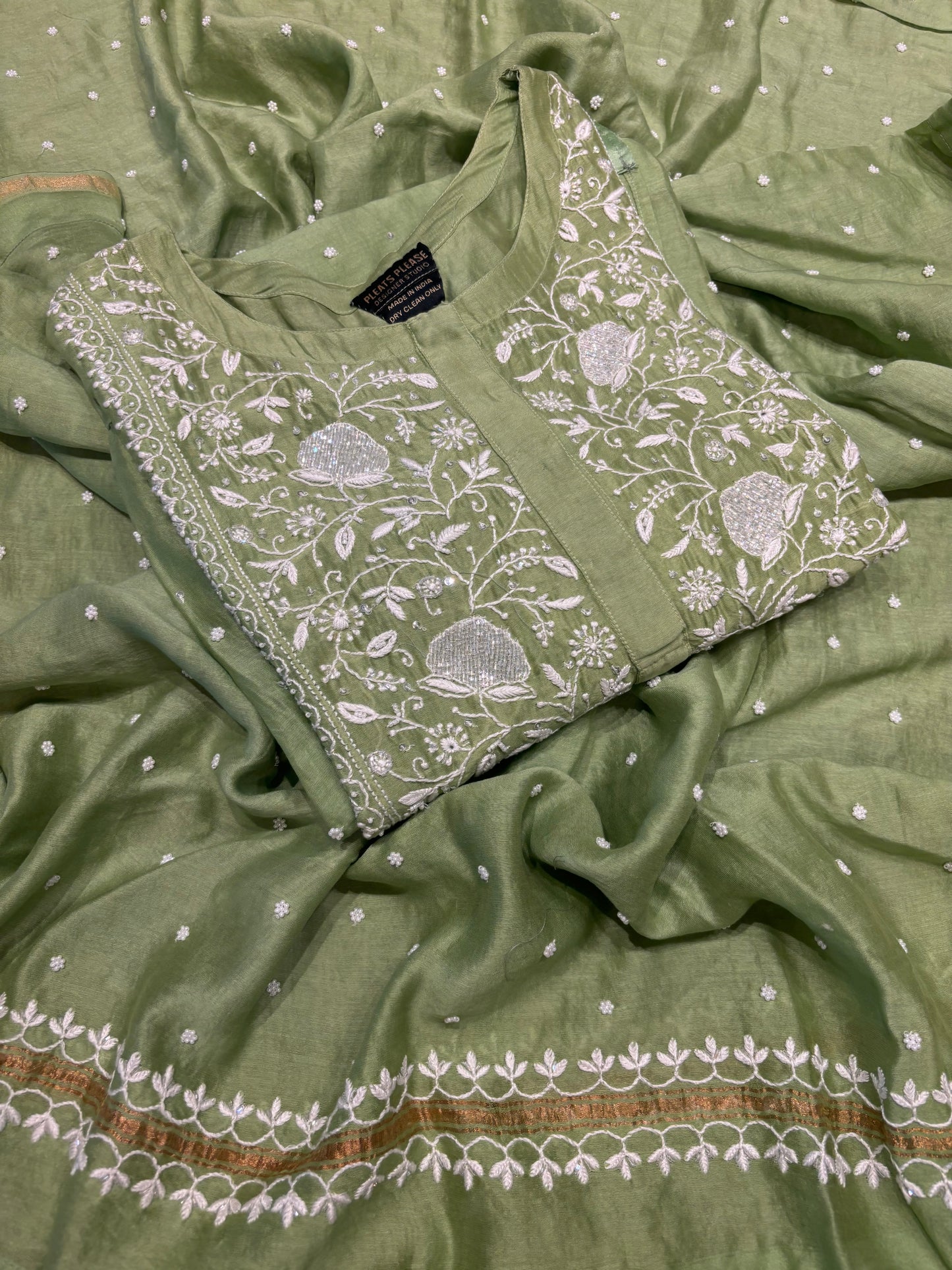 Green Chanderi Silk Chikankari Kurta and dupatta