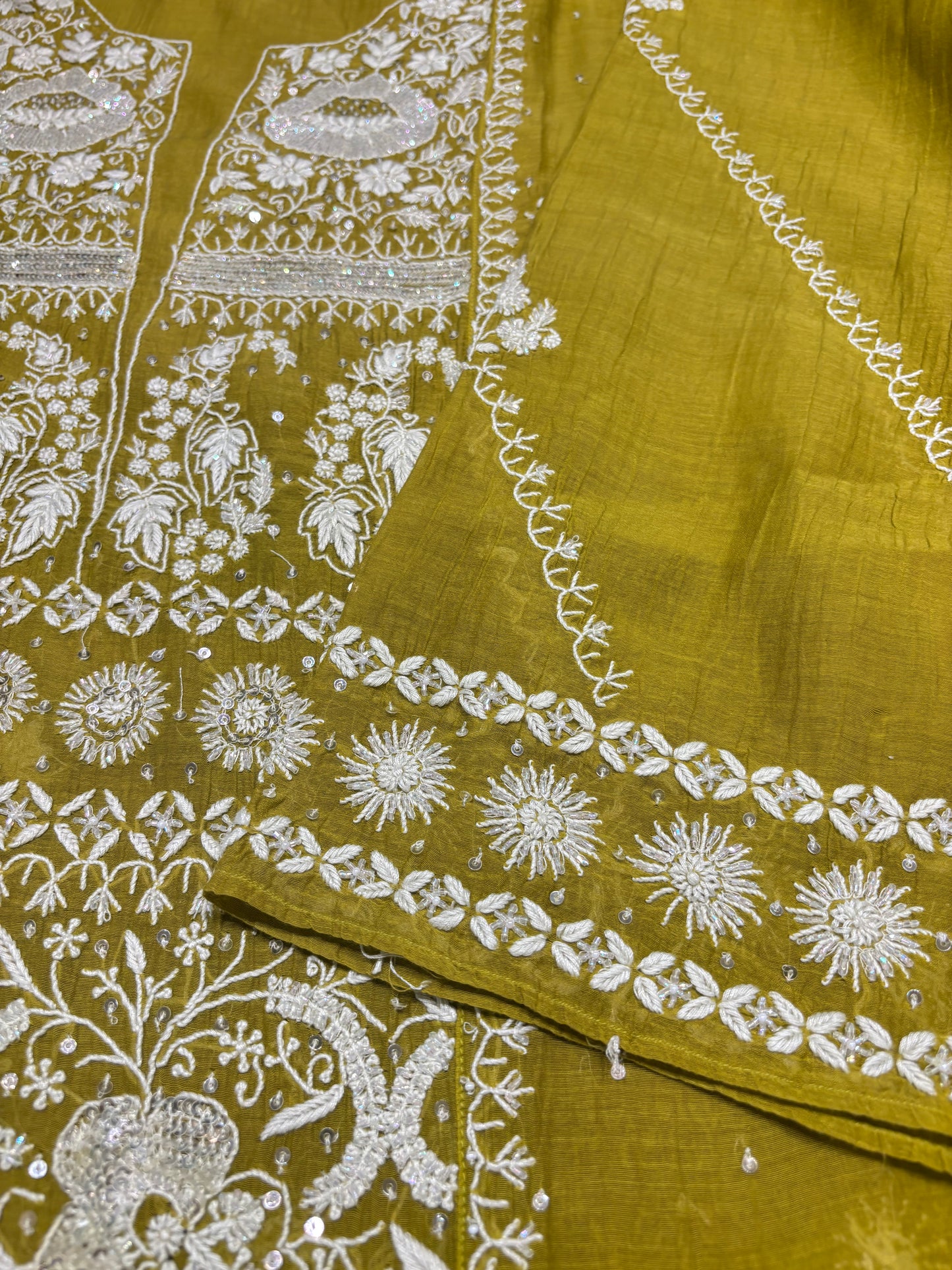 Olive Green Chanderi Mul Chikankari Kurta and Dupatta