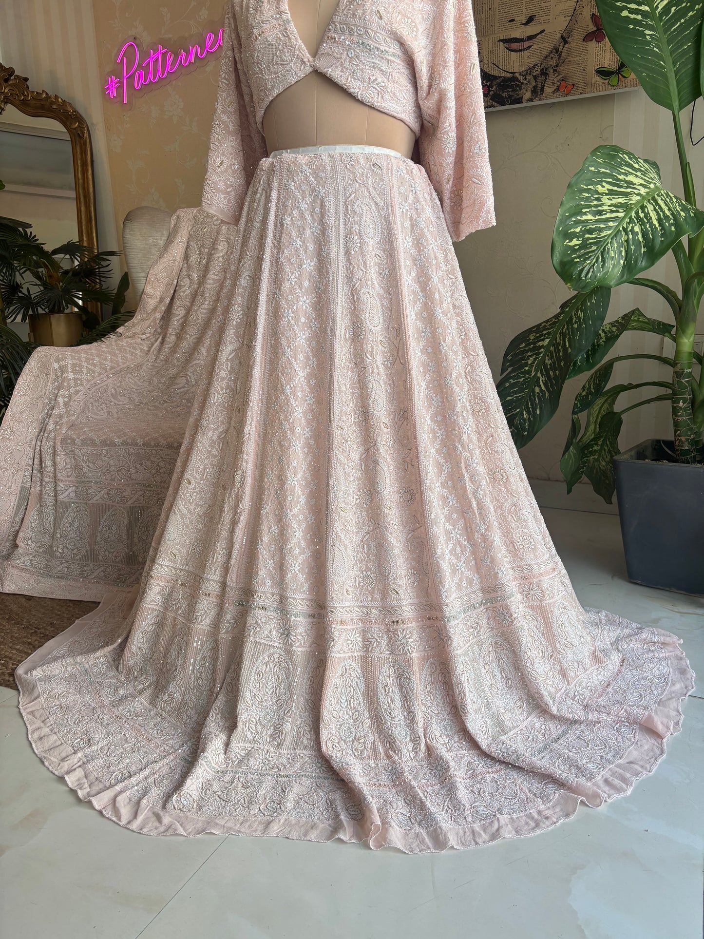 Dusty Peach Pure Georgette Chikankari Lehenga