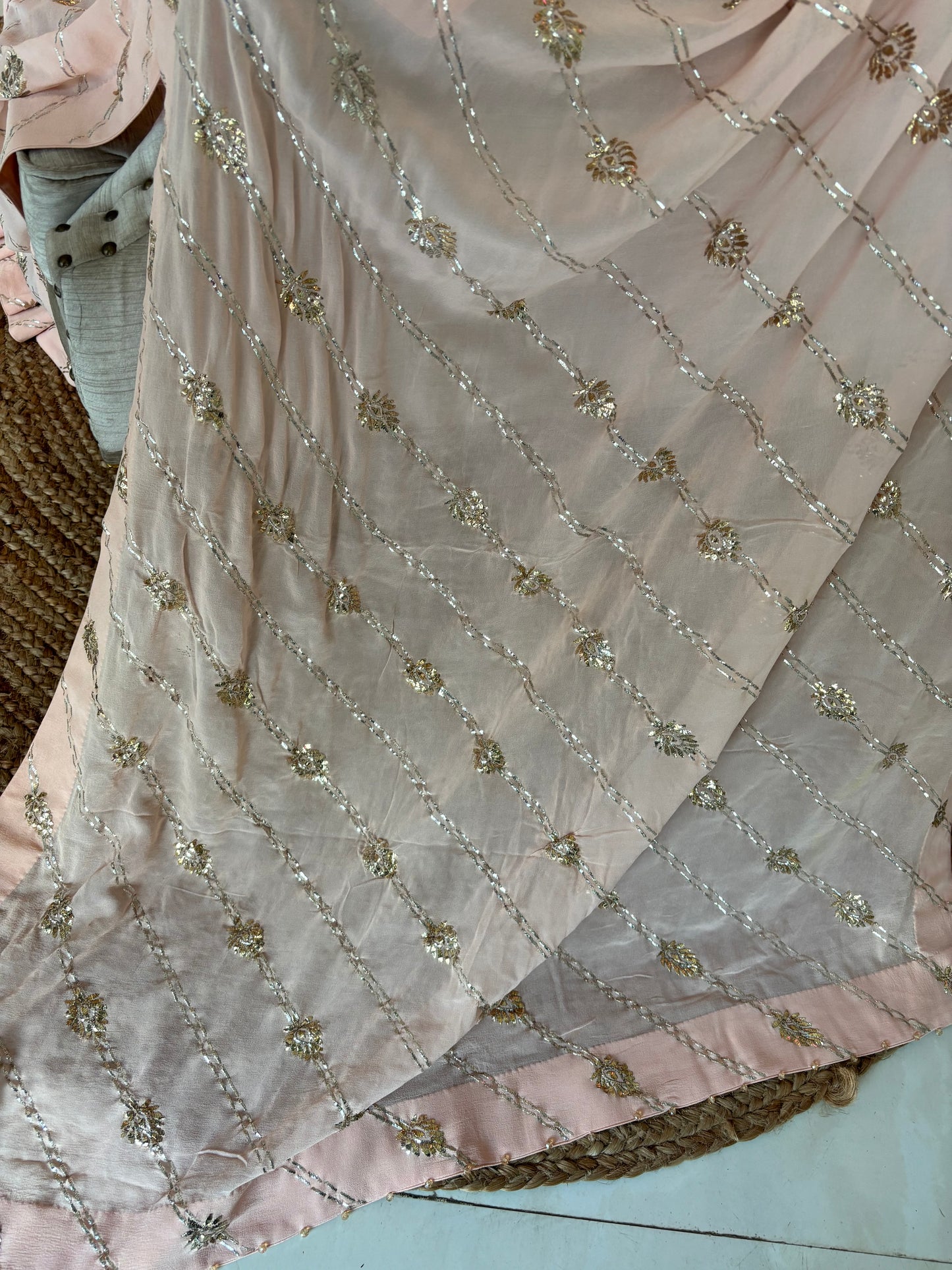 Nude Peach  Pure Georgette Badla Saree and Blouse