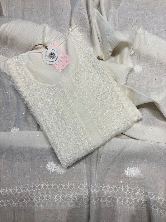Dyeable Chanderi Mul Chikankari Kurta and Dupatta