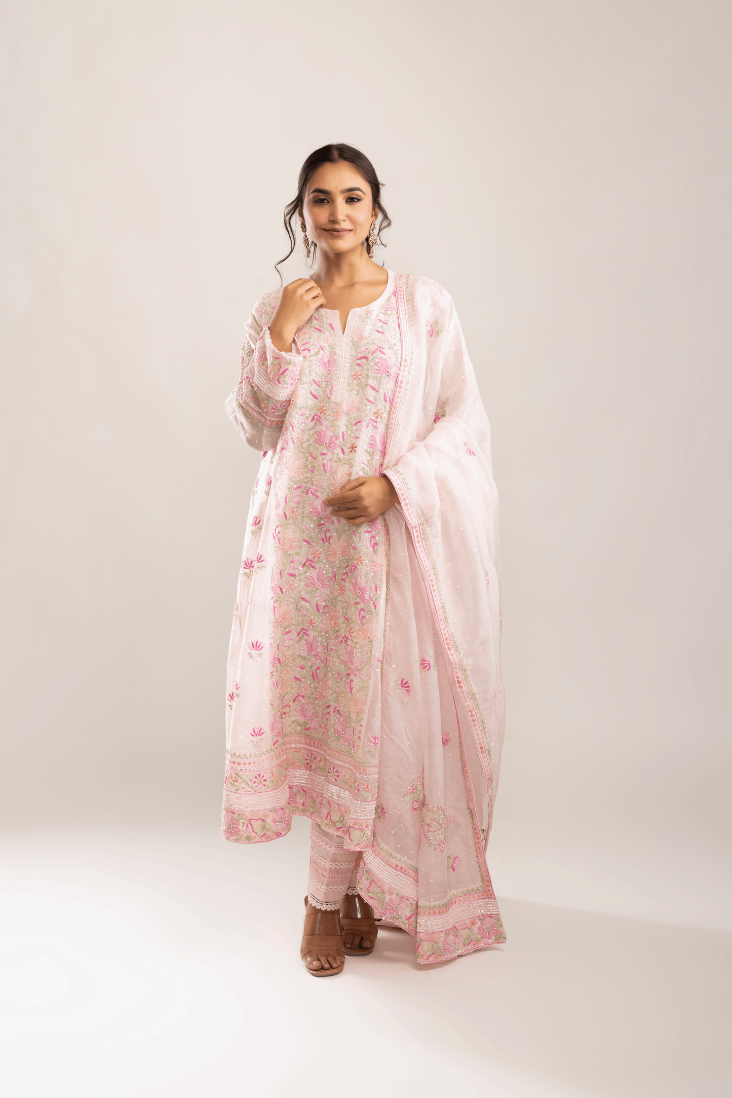 Blush Pink Chikankari Pure Organza Silk Anarkali & Dupatta