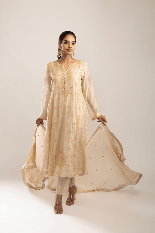 Dyeable Pure And Premium Gold Tissue A-line Kurta & Dupatta
