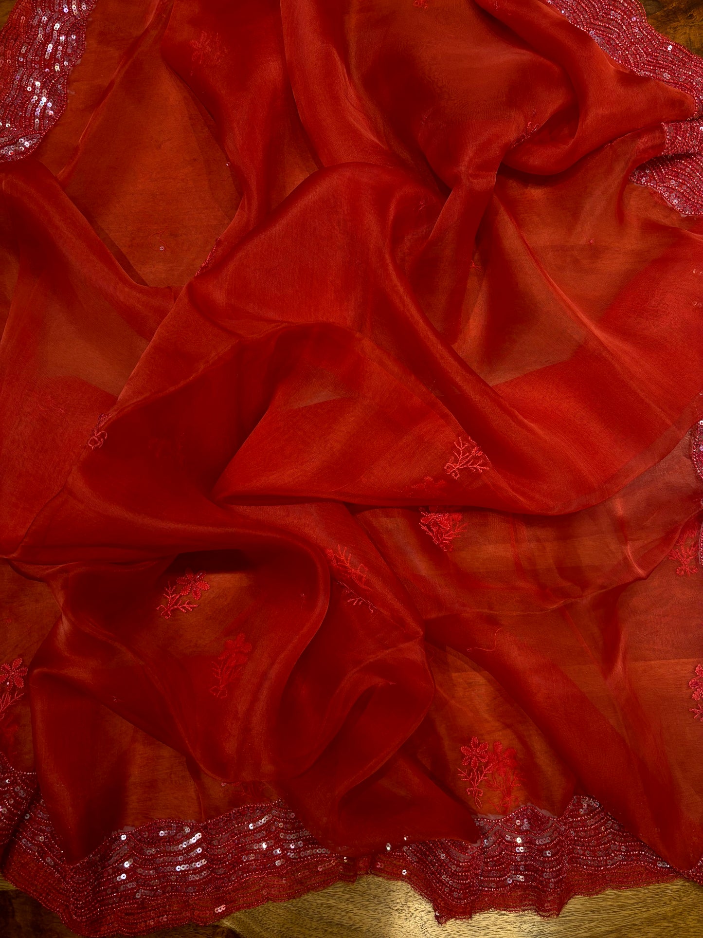 Red Organza Silk Chikankari Kurta and Dupatta Fabric
