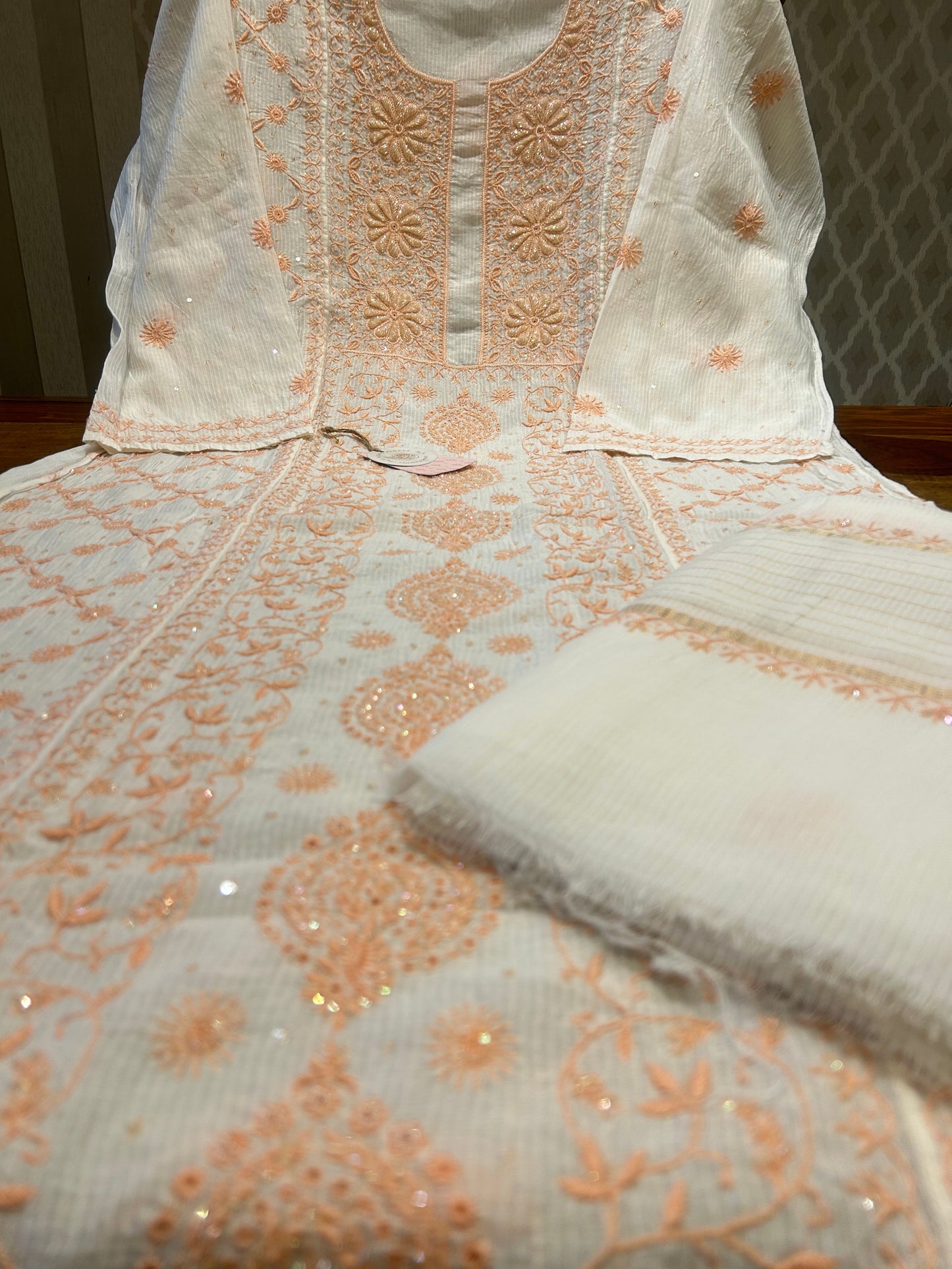 White Chanderi Maheshwari Chikankari Kurta and Dupatta