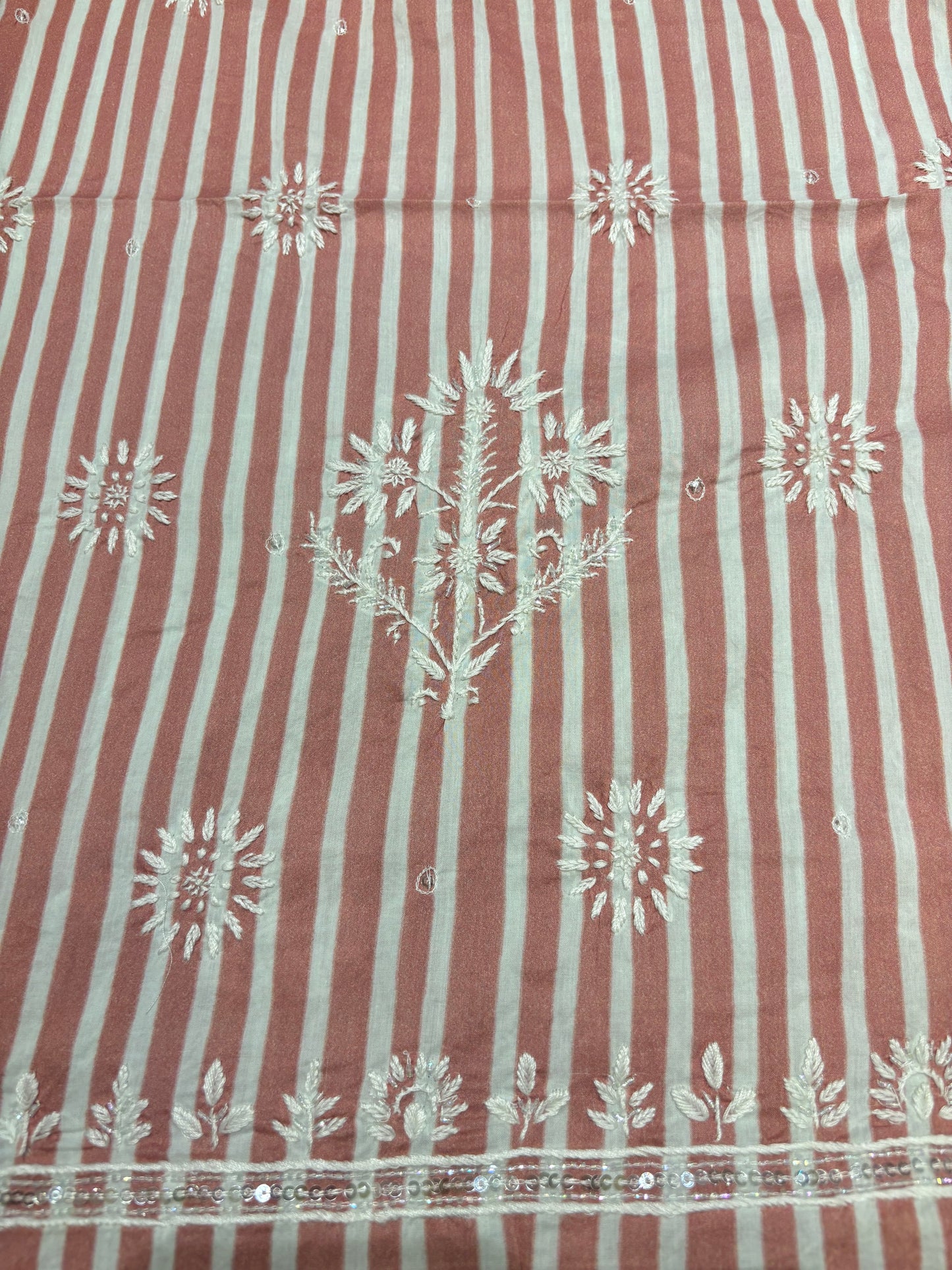 Brick Stripe Mul Chikankari Kurta Fabric