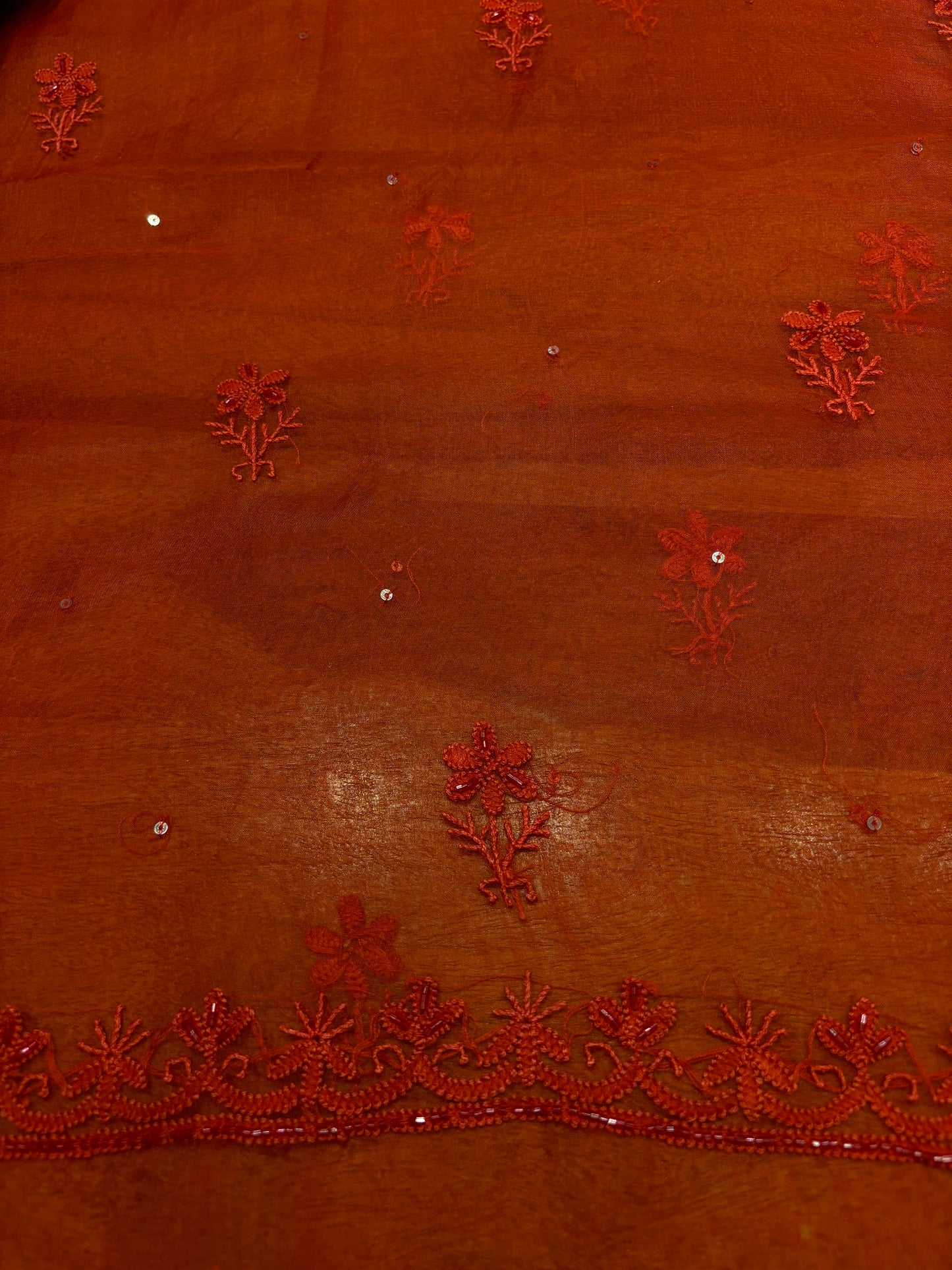 Red Organza Silk Chikankari Kurta and Dupatta Fabric