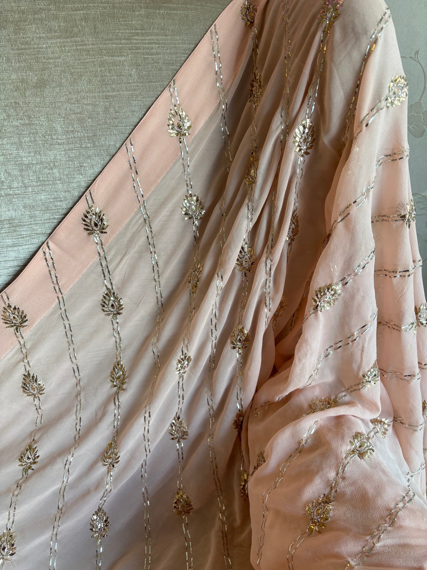Nude Peach  Pure Georgette Badla Saree and Blouse
