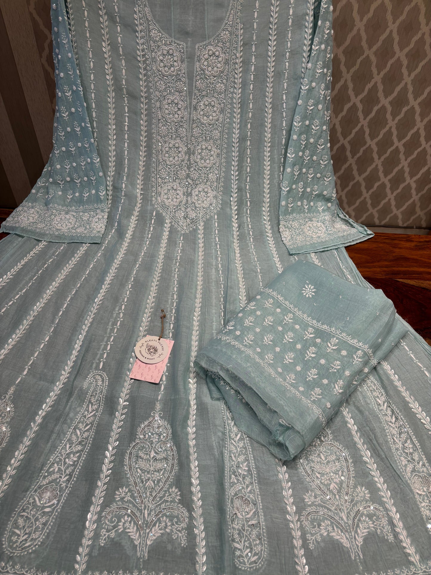 Teal Green Chanderi Mul Chikankari  Anarkali Kurta and Dupatta