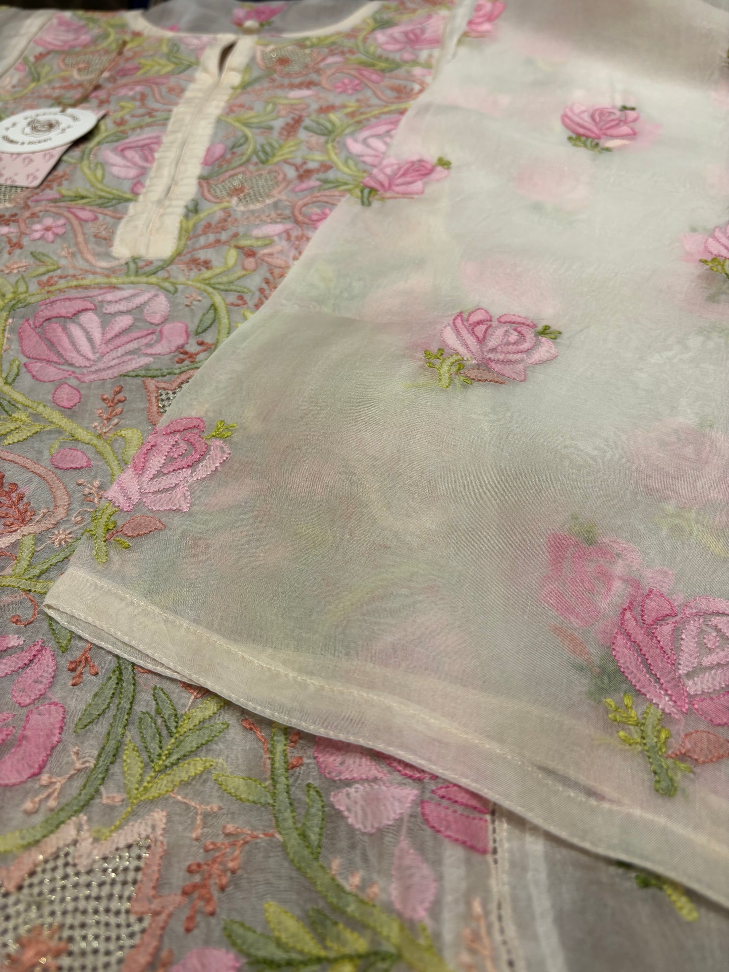 Ivory Organza Silk Chikankari Kurta and Dupatta