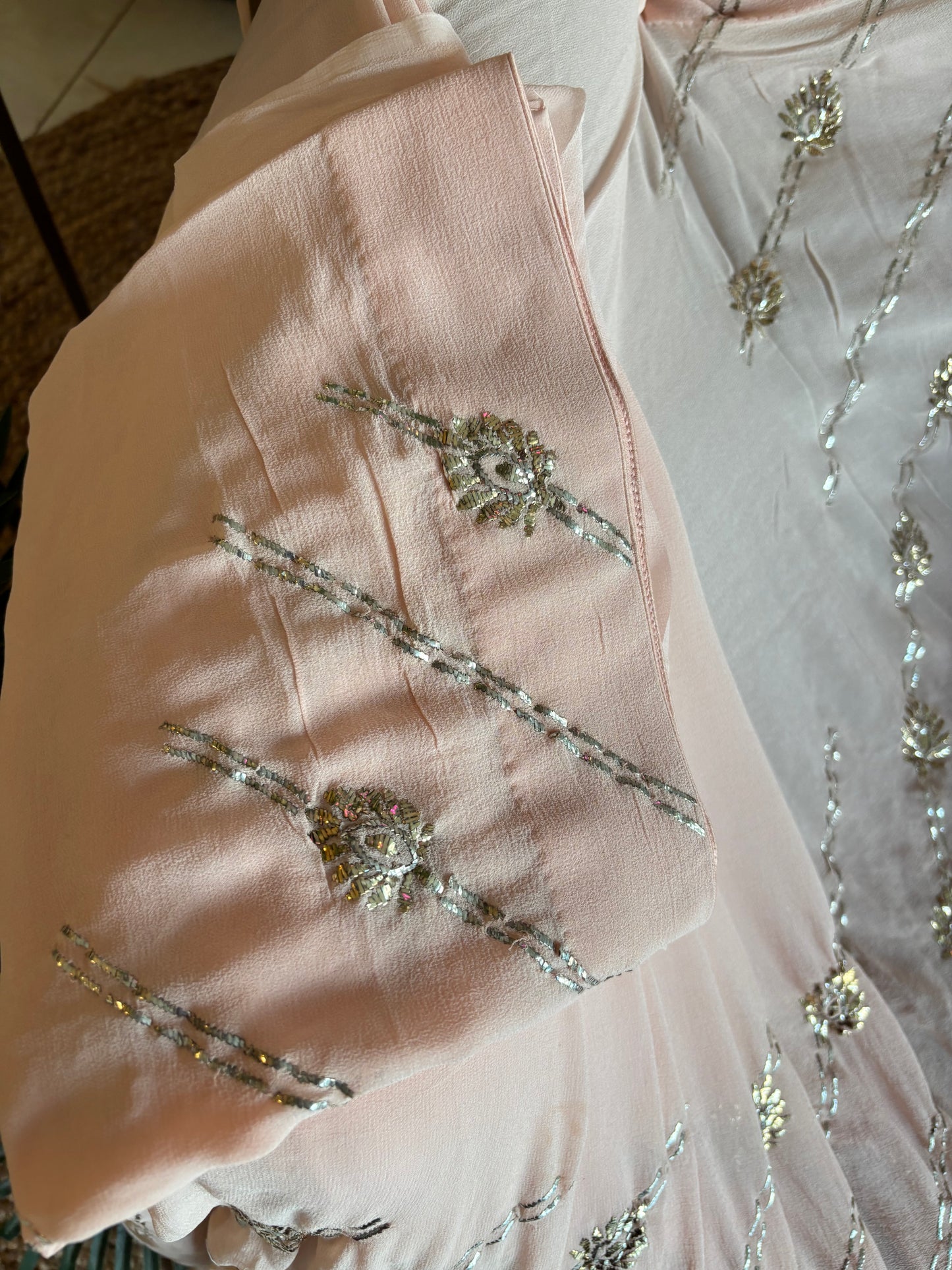 Nude Peach  Pure Georgette Badla Saree and Blouse