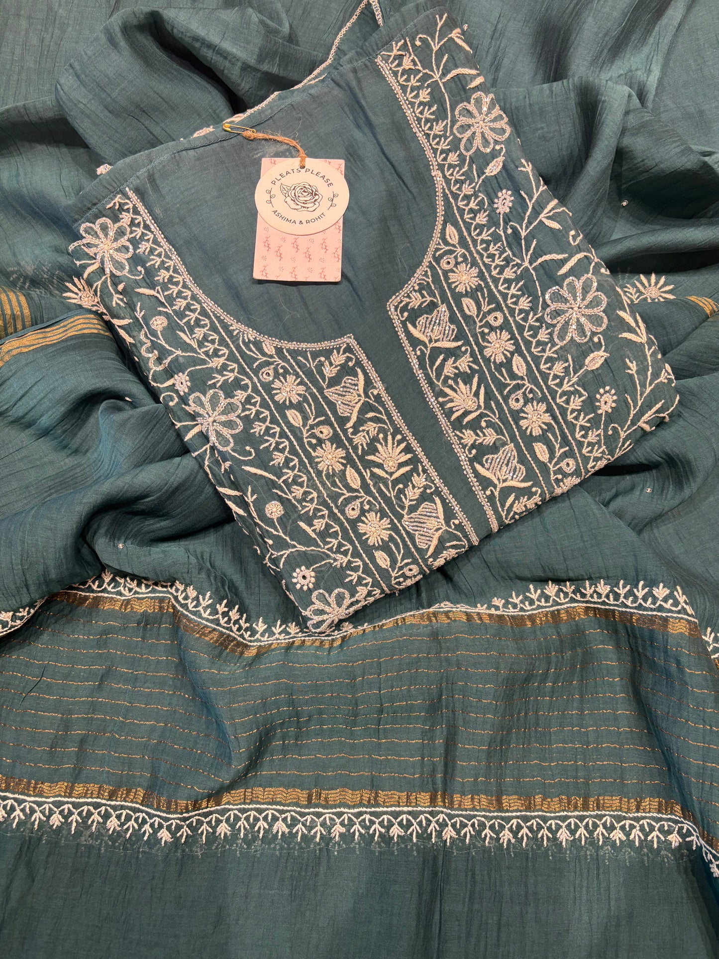Teal Green Chanderi Mul Chikankari Kurta and Dupatta set