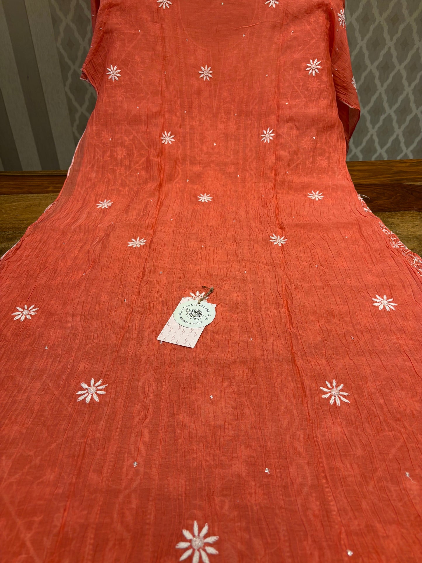 Rust Orange Chanderi Mul Chikankari Kurta And Dupatta Set
