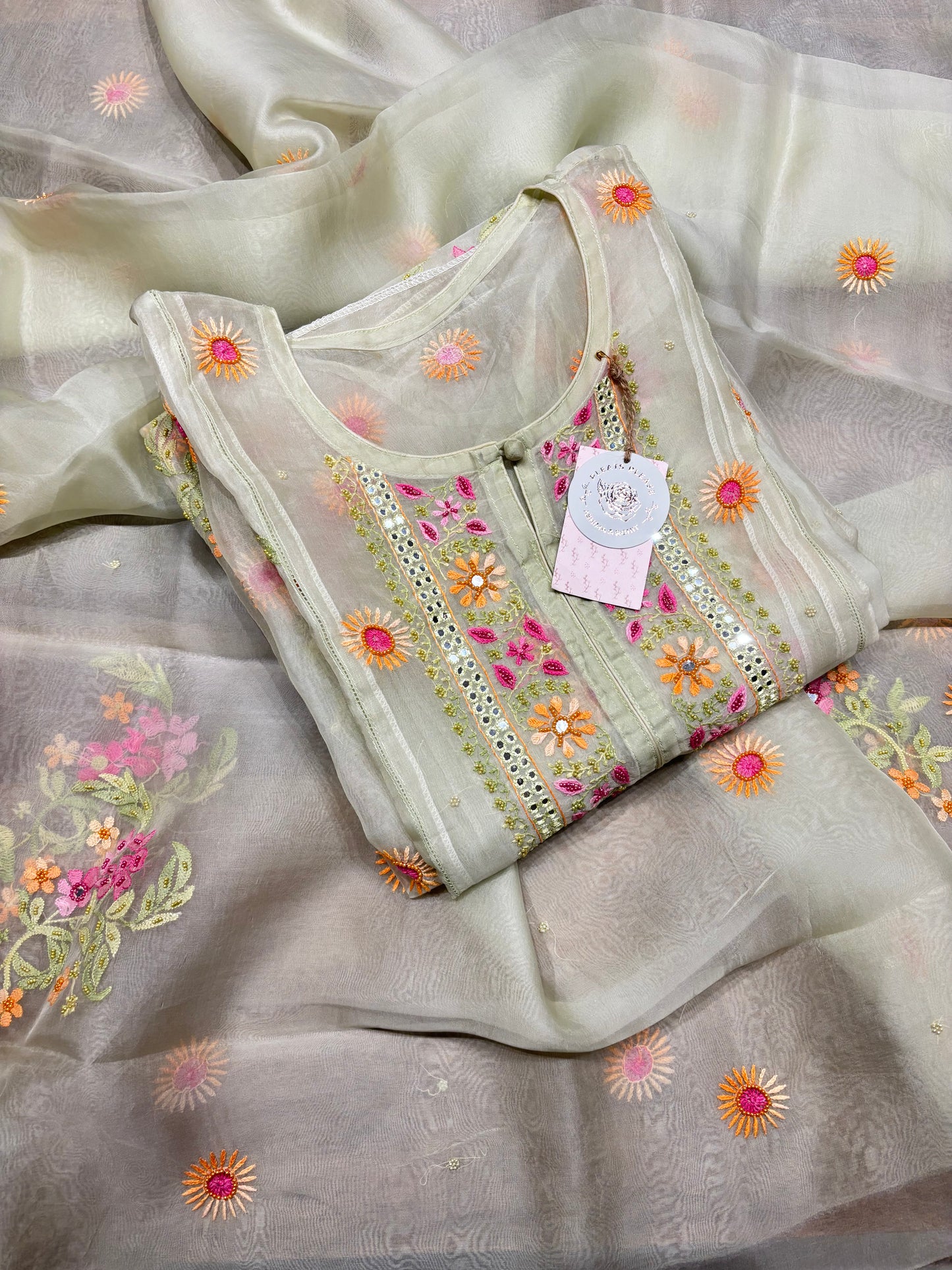 Dyeable Organza Silk Chikankari Kurta and Dupatta