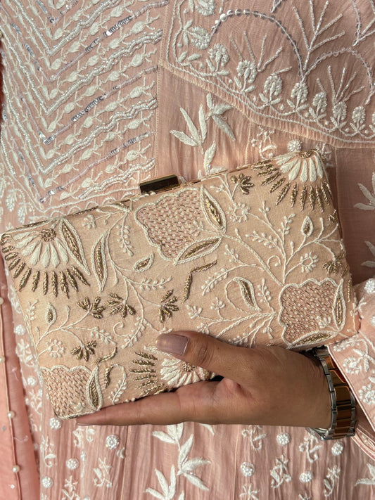 Peach Silk Chikankari Clutch