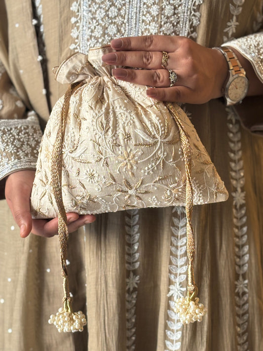 Beige Silk Chikankari Potli