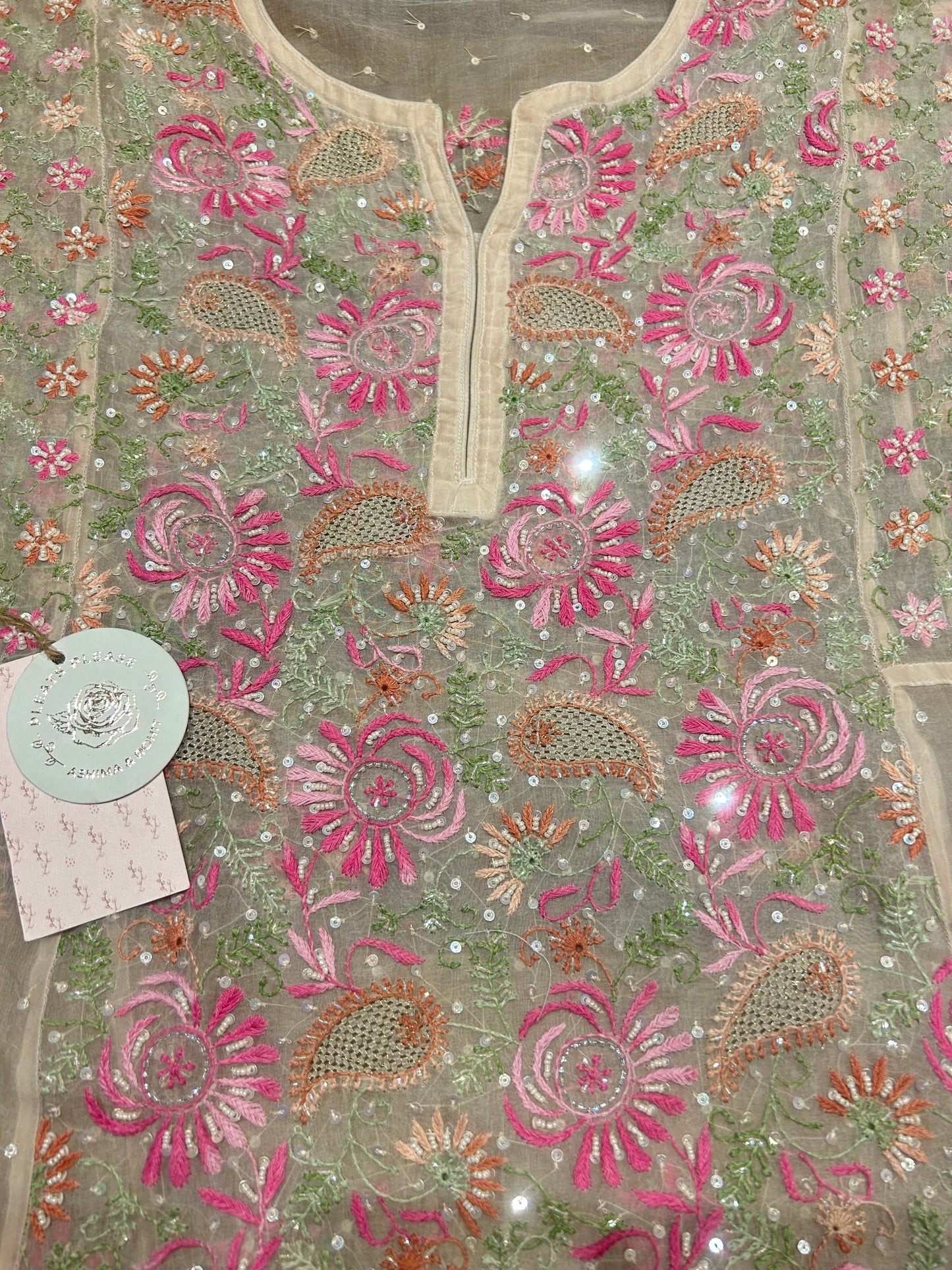 Blush Pink Chikankari  Organza Anarkali & Dupatta