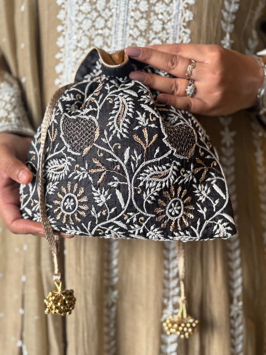 Black Silk Chikankari  Potli