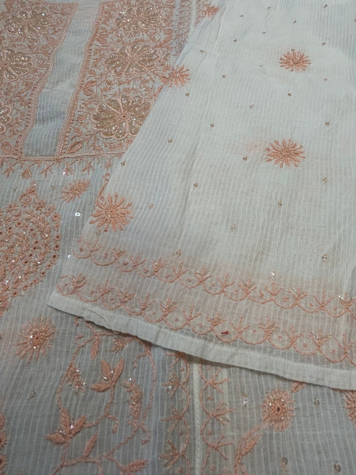 White Chanderi Maheshwari Chikankari Kurta and Dupatta