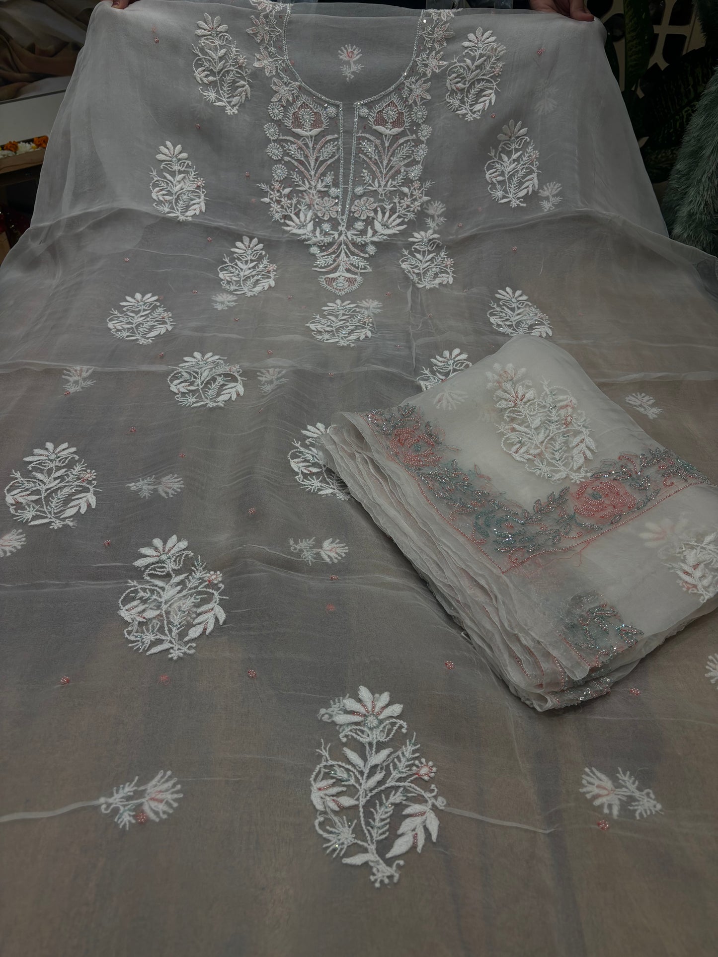 Dyeable Organza Silk Chikankari Kurta and Dupatta Fabric