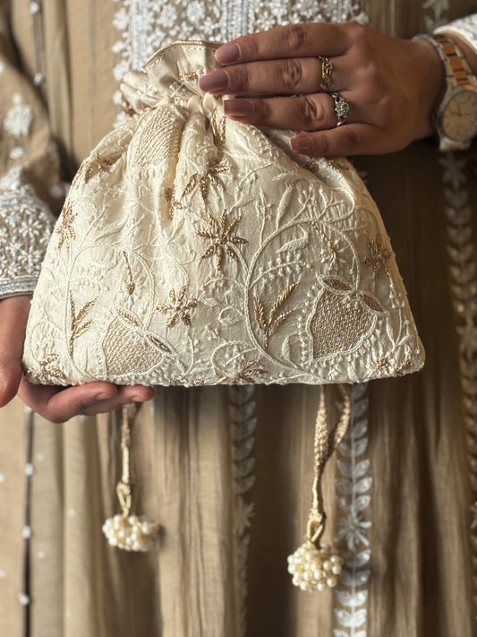White Silk Chikankari Potli
