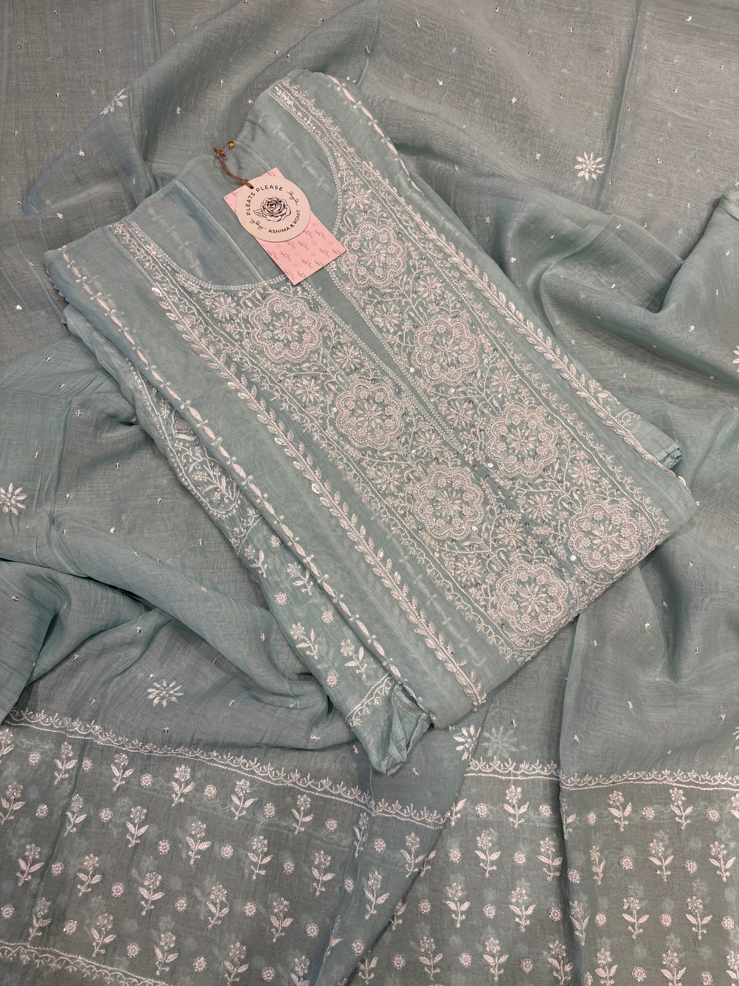 Teal Green Chanderi Mul Chikankari  Anarkali Kurta and Dupatta
