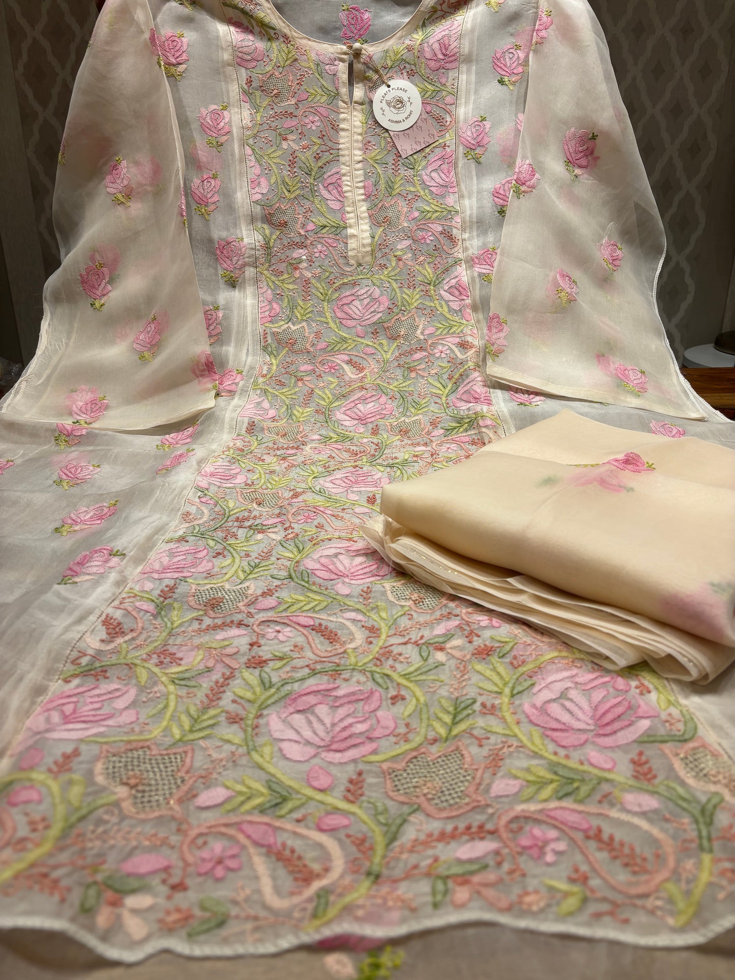 Ivory Organza Silk Chikankari Kurta and Dupatta