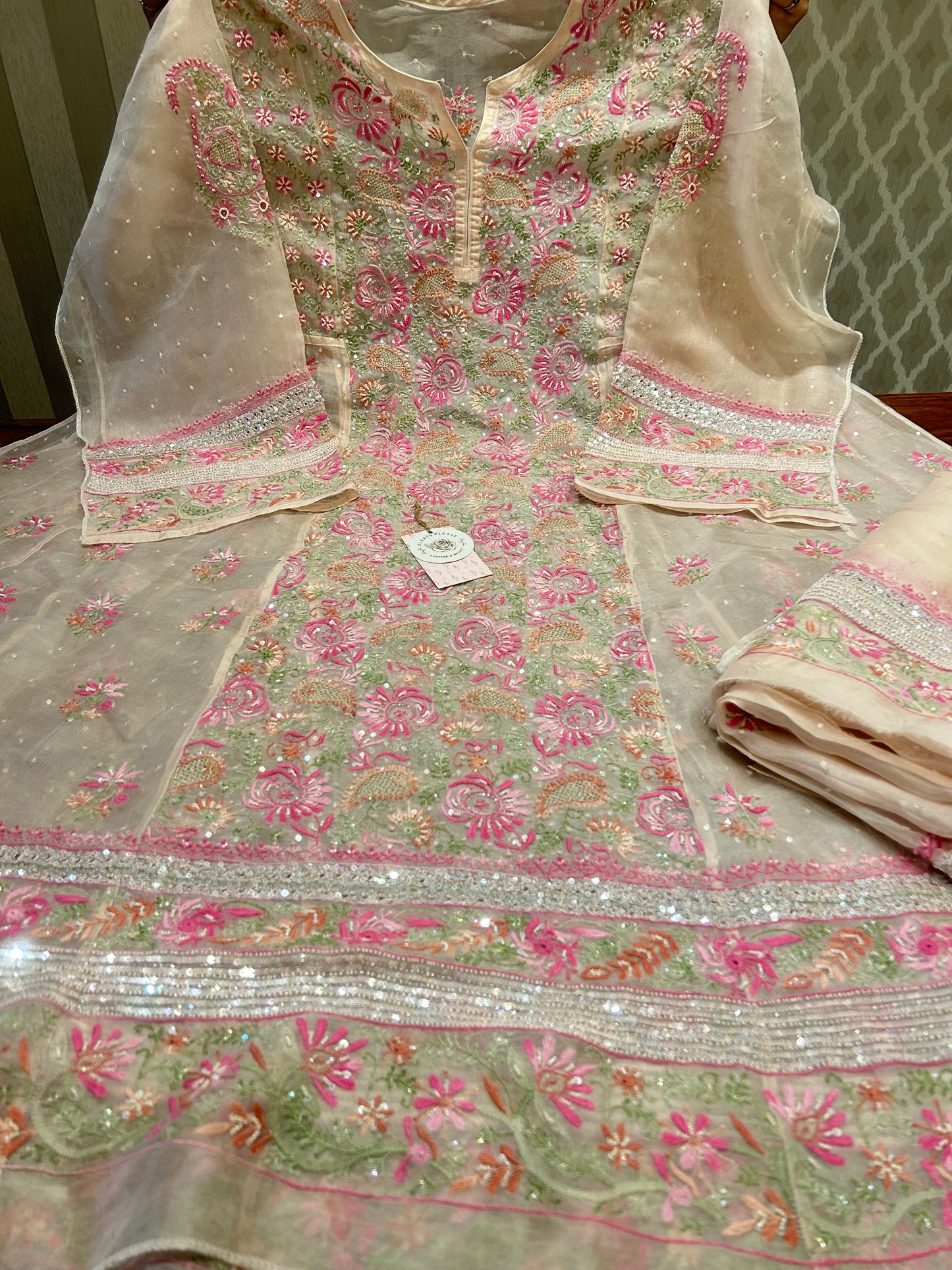 Blush Pink Chikankari  Organza Anarkali & Dupatta