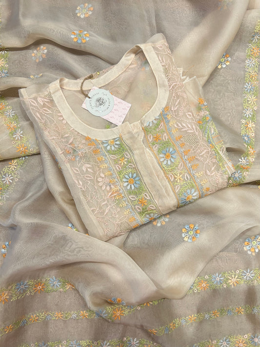 Peach organza kurta and dupatta set