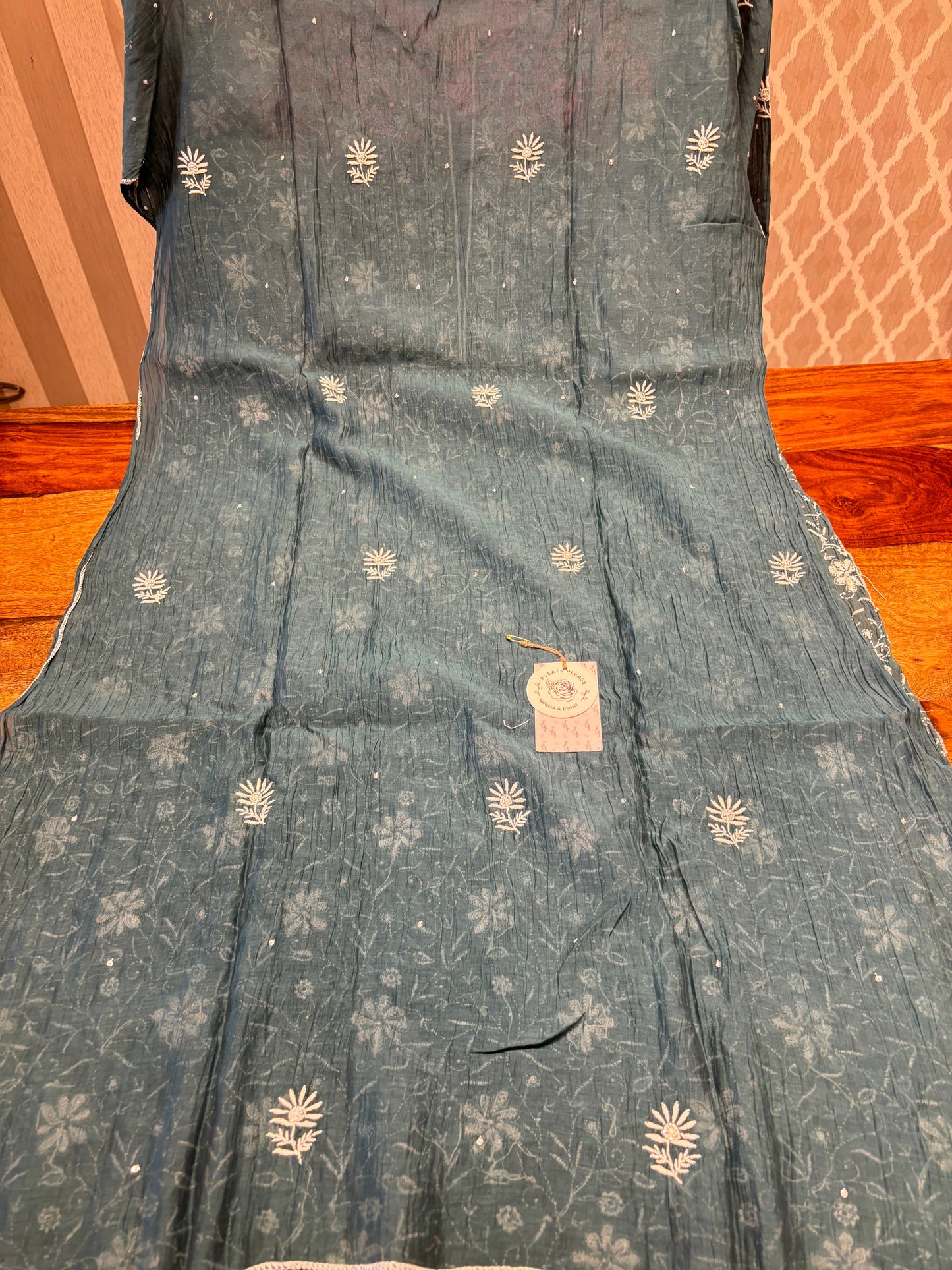 Teal Green Chanderi Mul Chikankari Kurta and Dupatta set