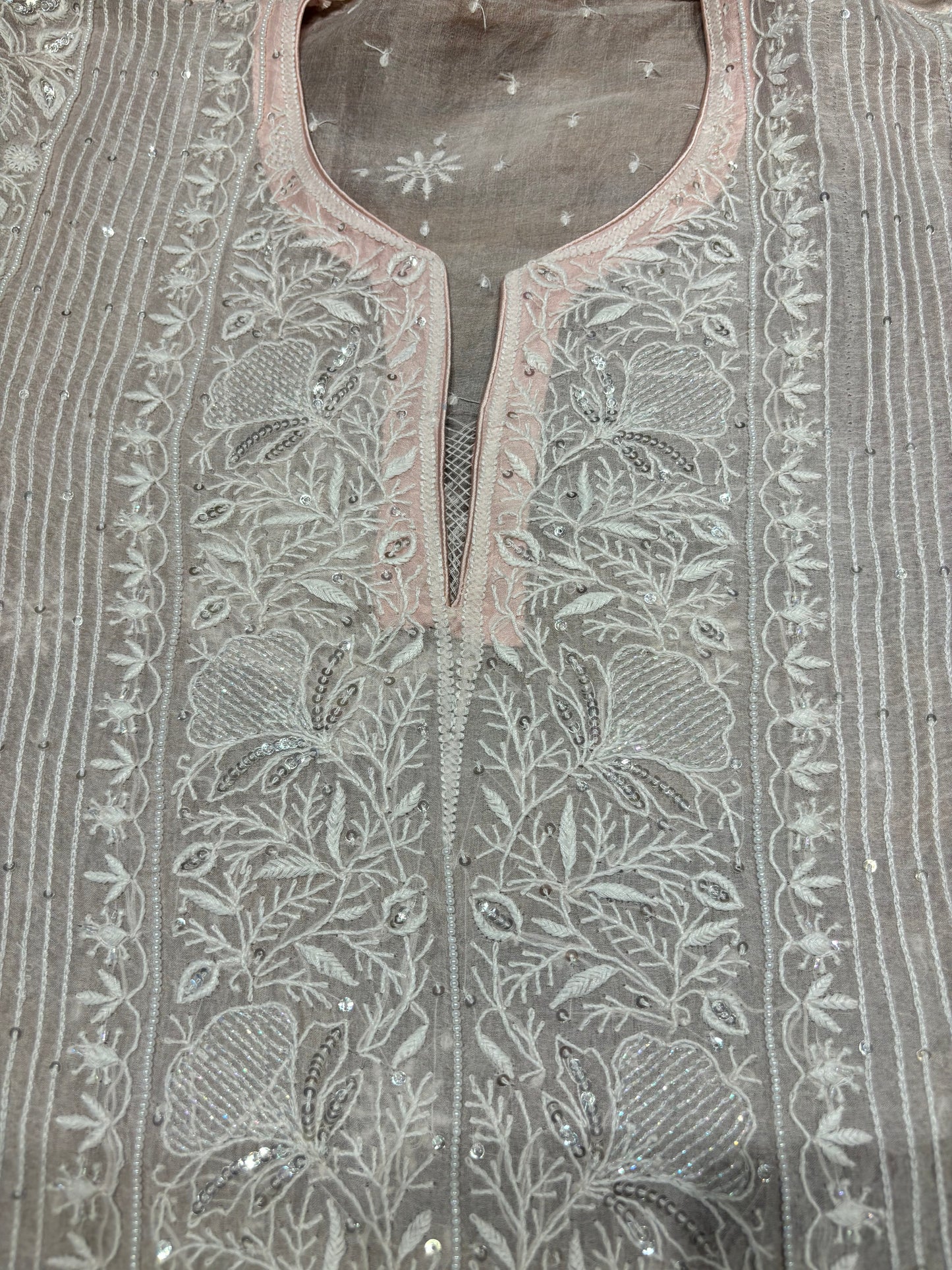 Blush Pink Organza Silk Chikankari Kurta and Dupatta