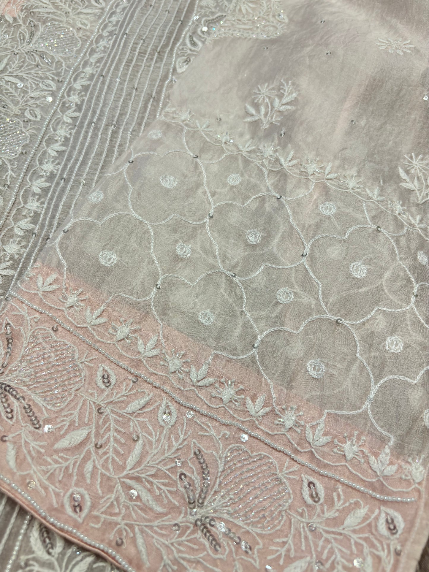 Blush Pink Organza Silk Chikankari Kurta and Dupatta