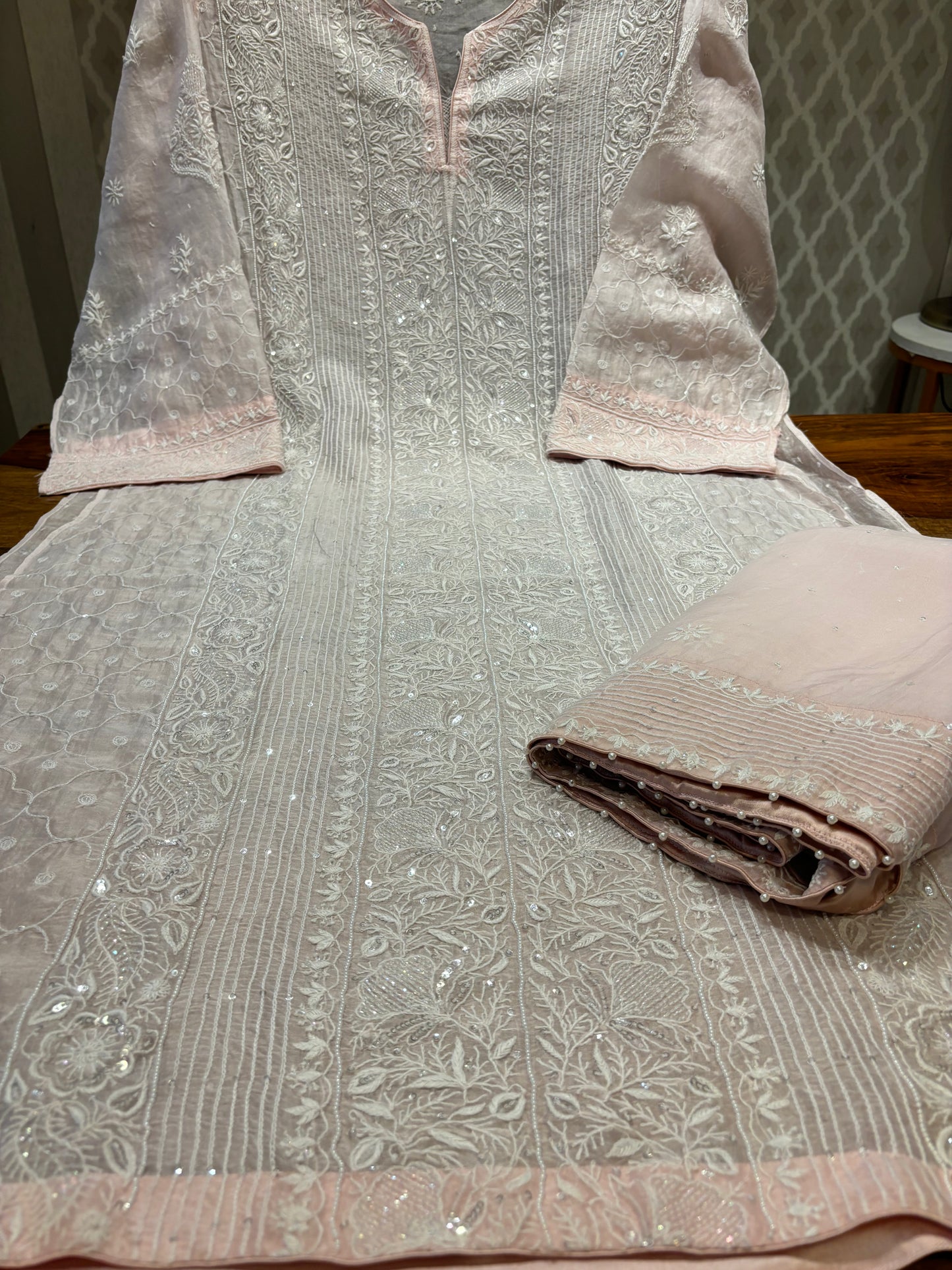 Blush Pink Organza Silk Chikankari Kurta and Dupatta
